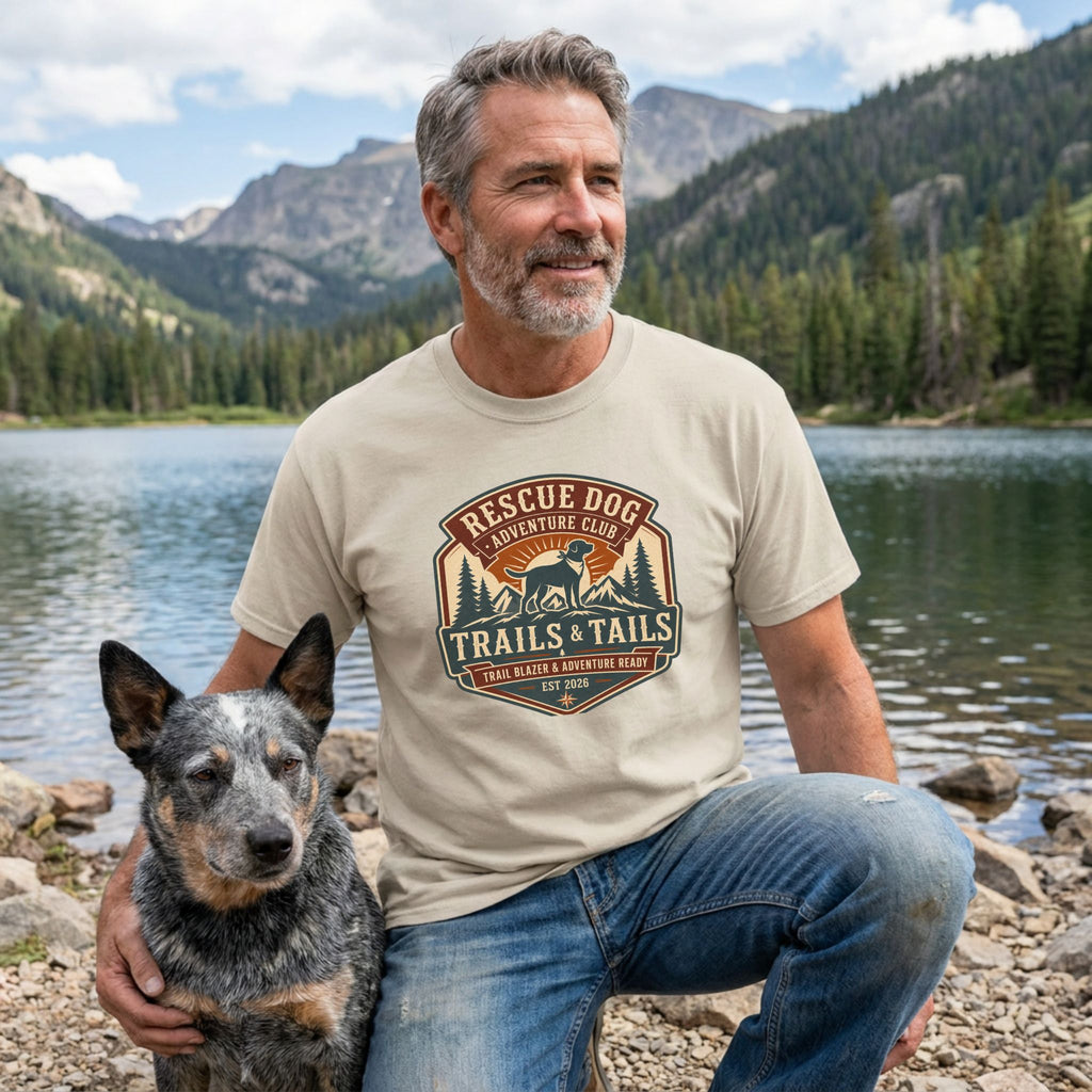 Man wearing a cream-colored Adventure Club graphic t-shirt with a dog by a mountain lake.