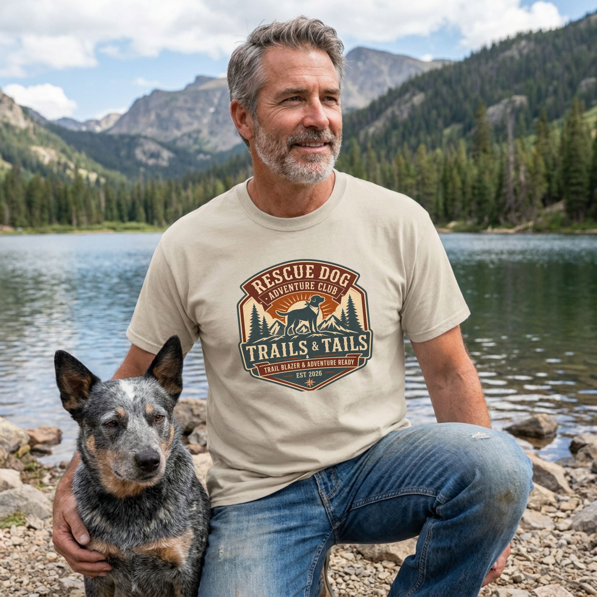 Man wearing a cream-colored Adventure Club graphic t-shirt with a dog by a mountain lake.