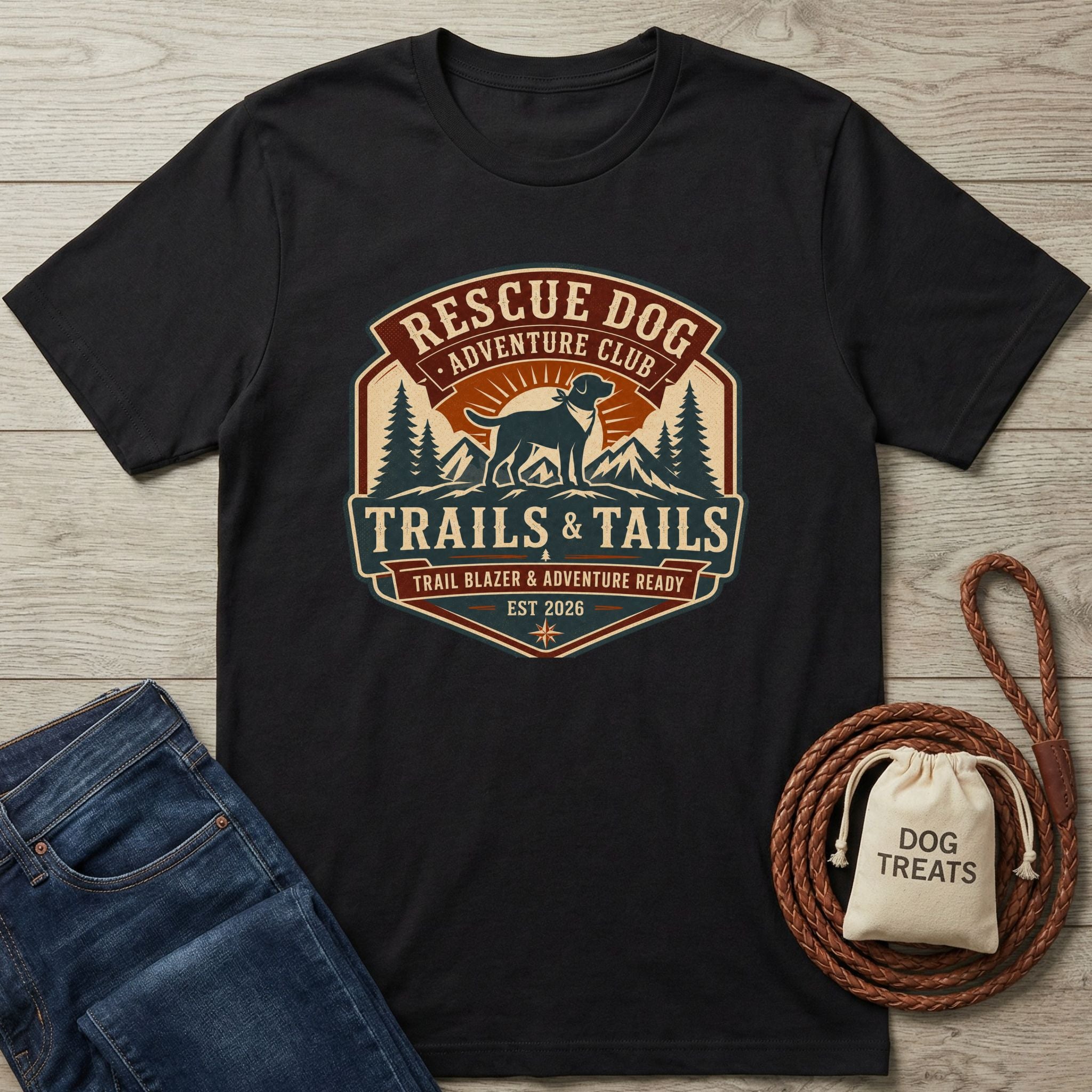 Black crewneck t-shirt featuring a vintage-style graphic of a dog in mountains with the text Rescue Dog Adventure Club.