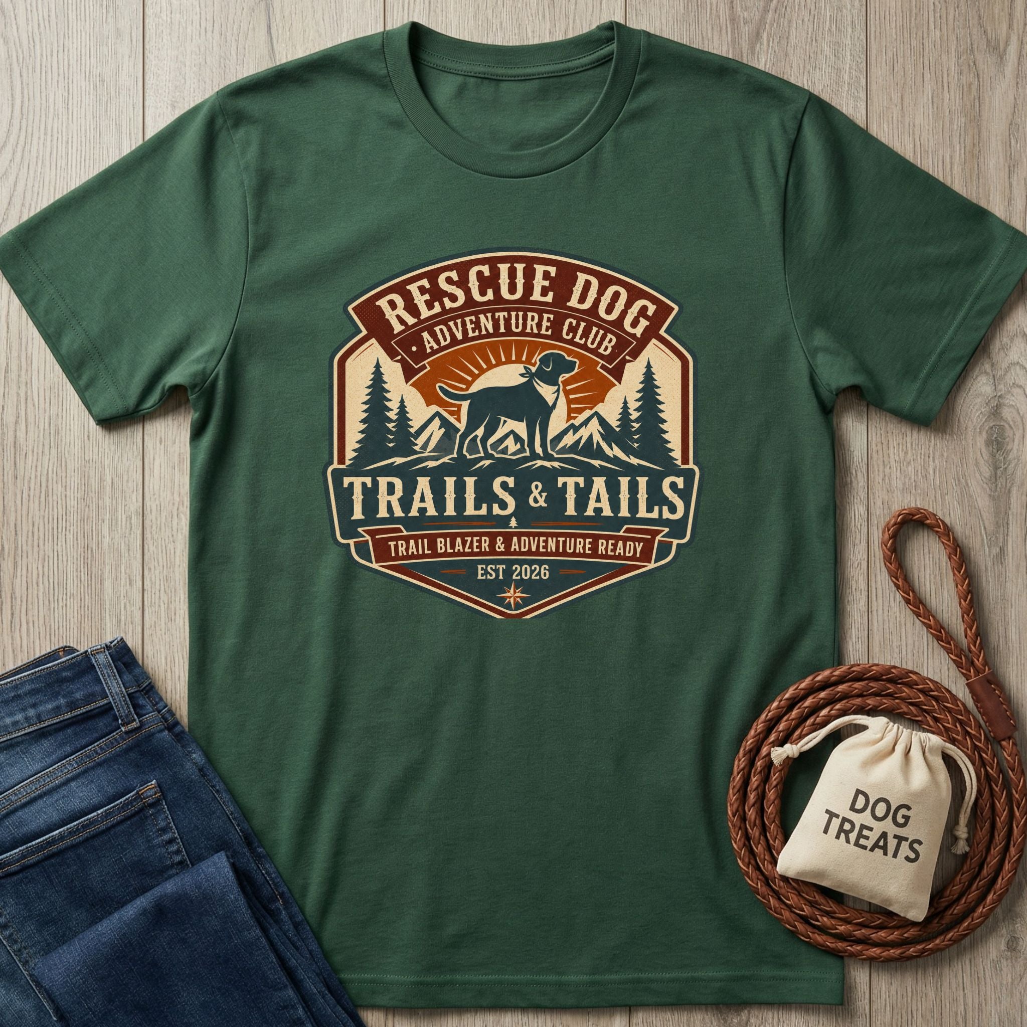 Forest green crewneck t-shirt featuring a vintage-style Rescue Dog Adventure Club graphic with mountains and a dog.