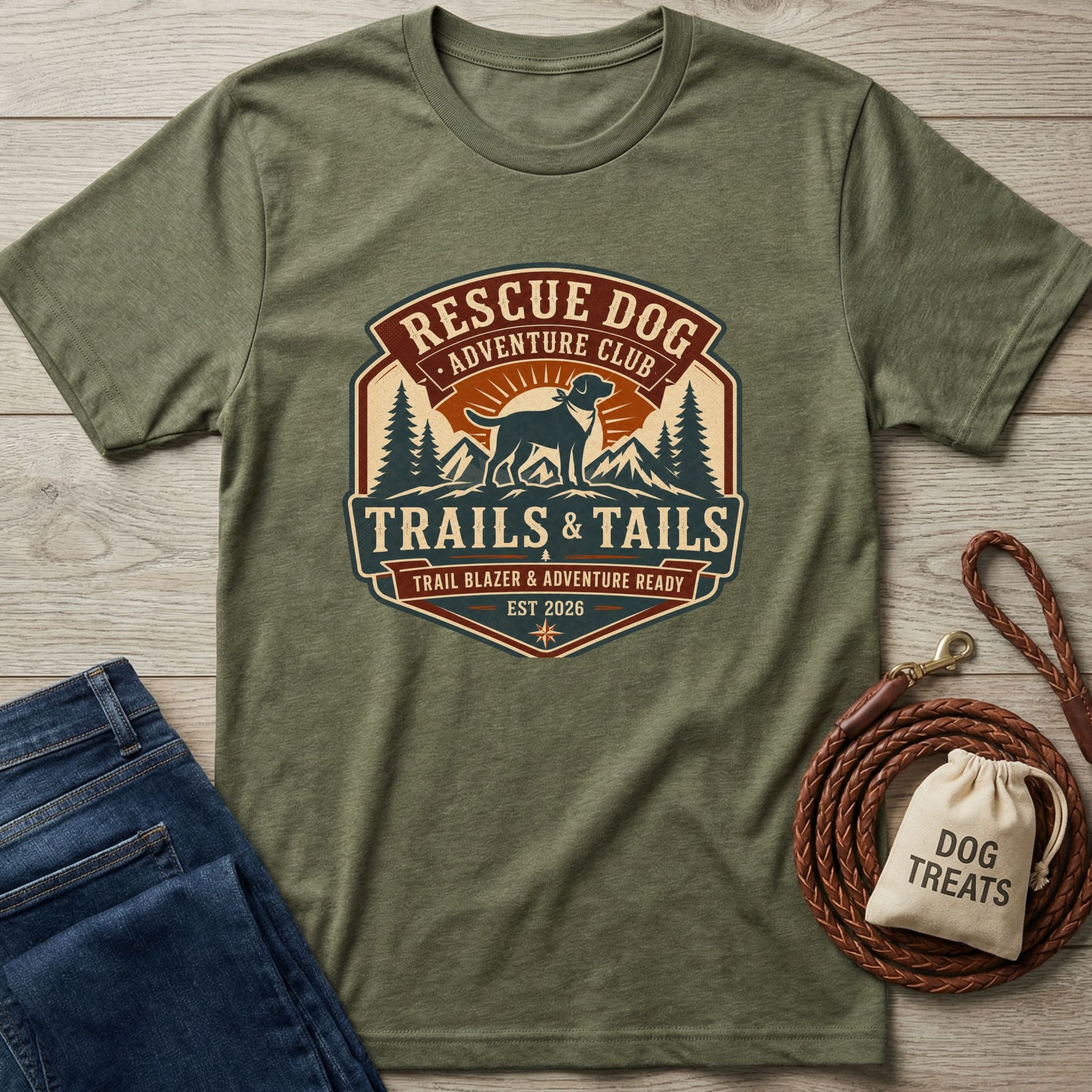 Olive green crewneck t-shirt featuring a vintage-style Rescue Dog Adventure Club graphic with mountains and a dog.