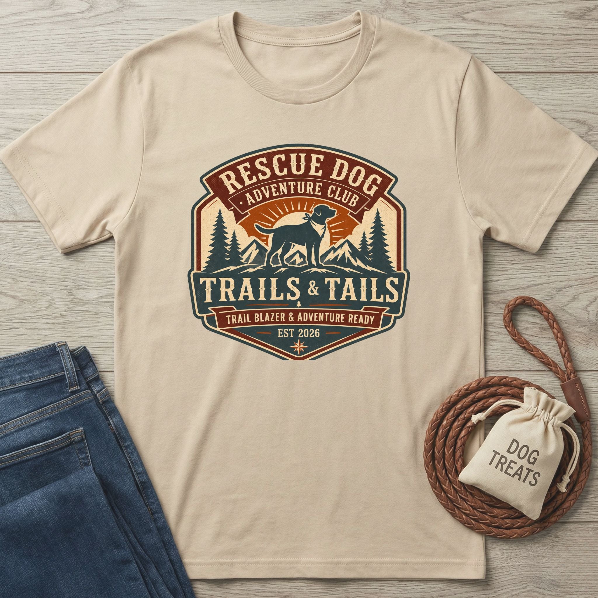 Beige crewneck t-shirt featuring a vintage-style Rescue Dog Adventure Club graphic with a dog, mountains, and trees.