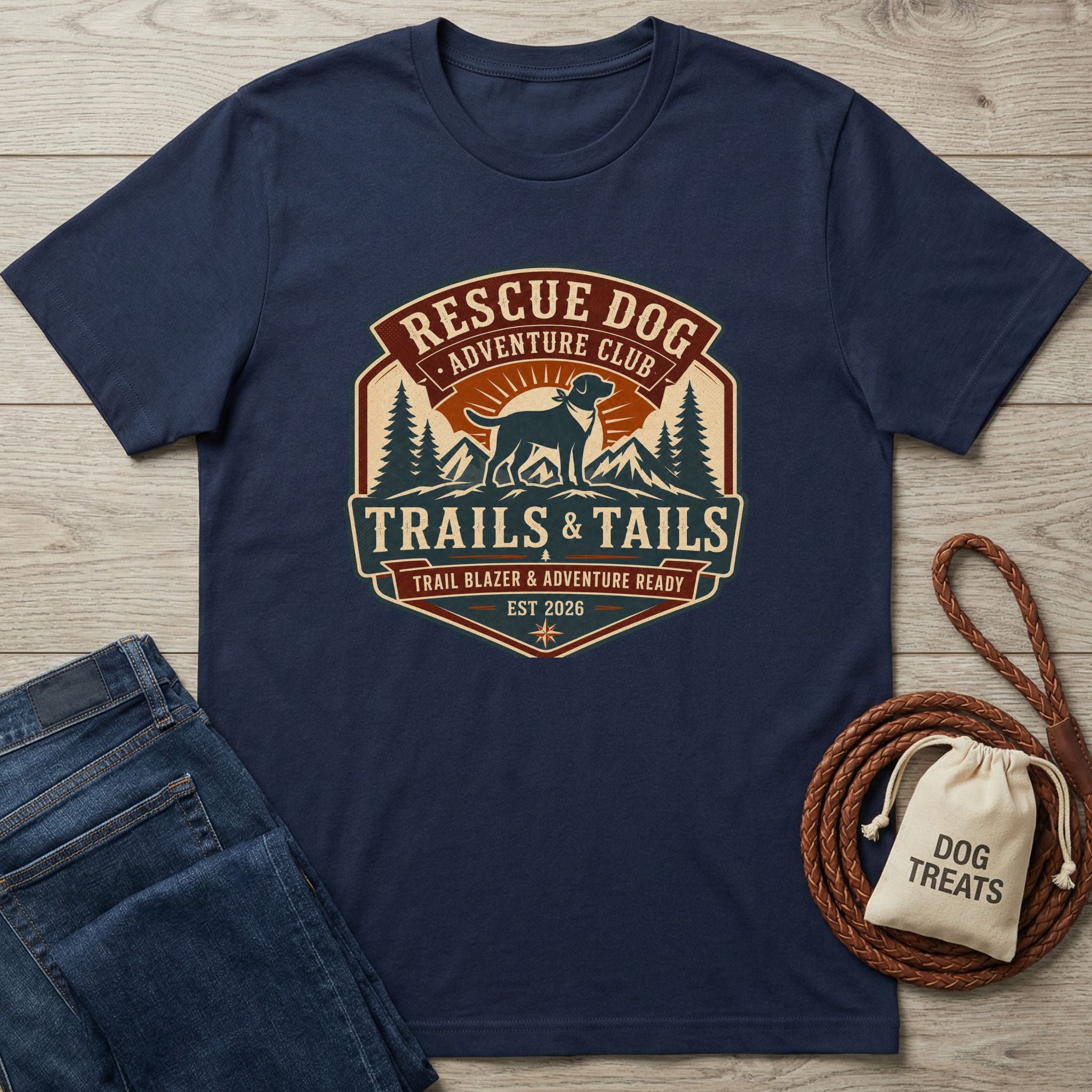 Navy blue cotton t-shirt featuring a vintage-style Rescue Dog Adventure Club graphic with mountains and a dog silhouette.