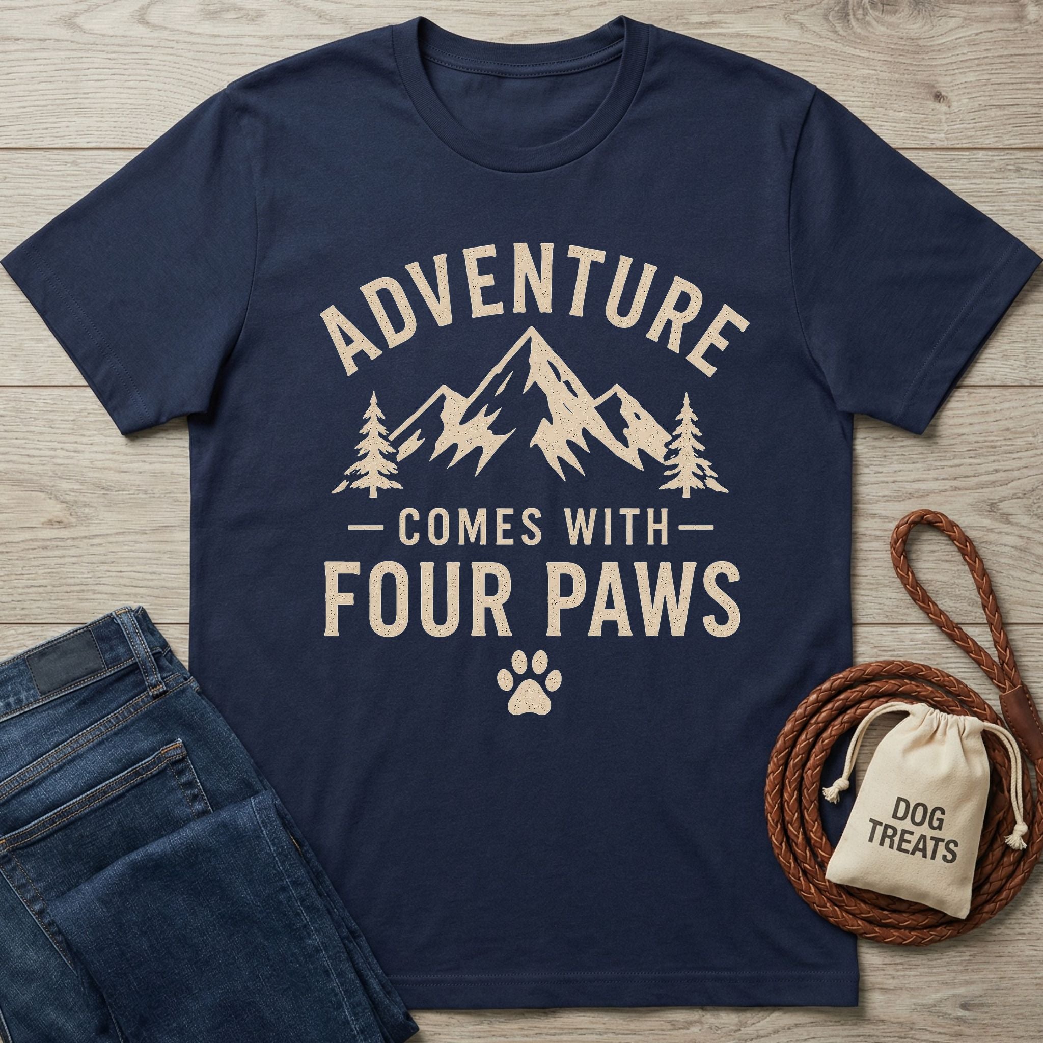 Navy blue Adventure Paws t-shirt with a rustic mountain and tree graphic, "Adventure Comes With Four Paws" text, and paw print.