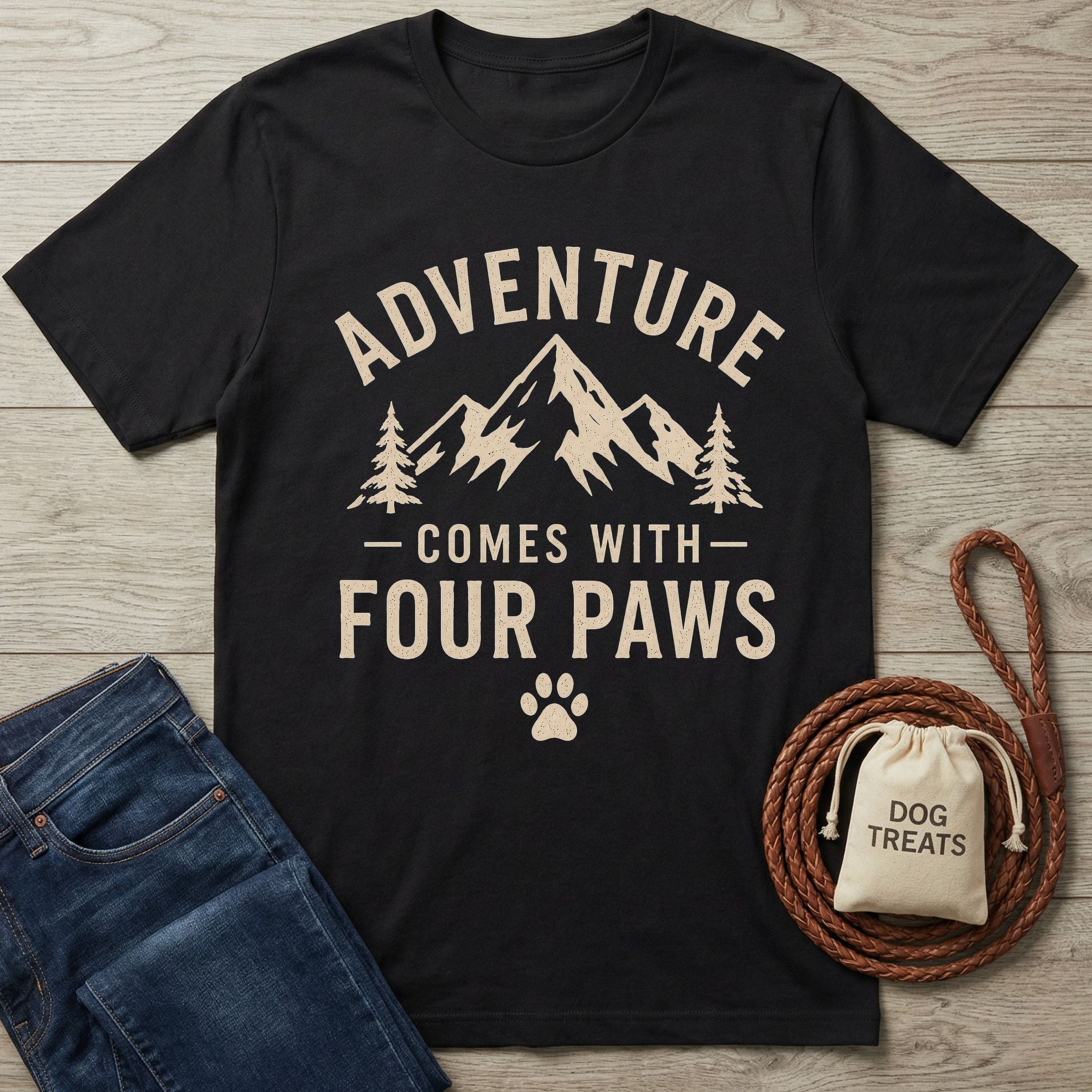 Black cotton t-shirt with "Adventure Comes With Four Paws" mountain graphic, next to jeans and dog treats.