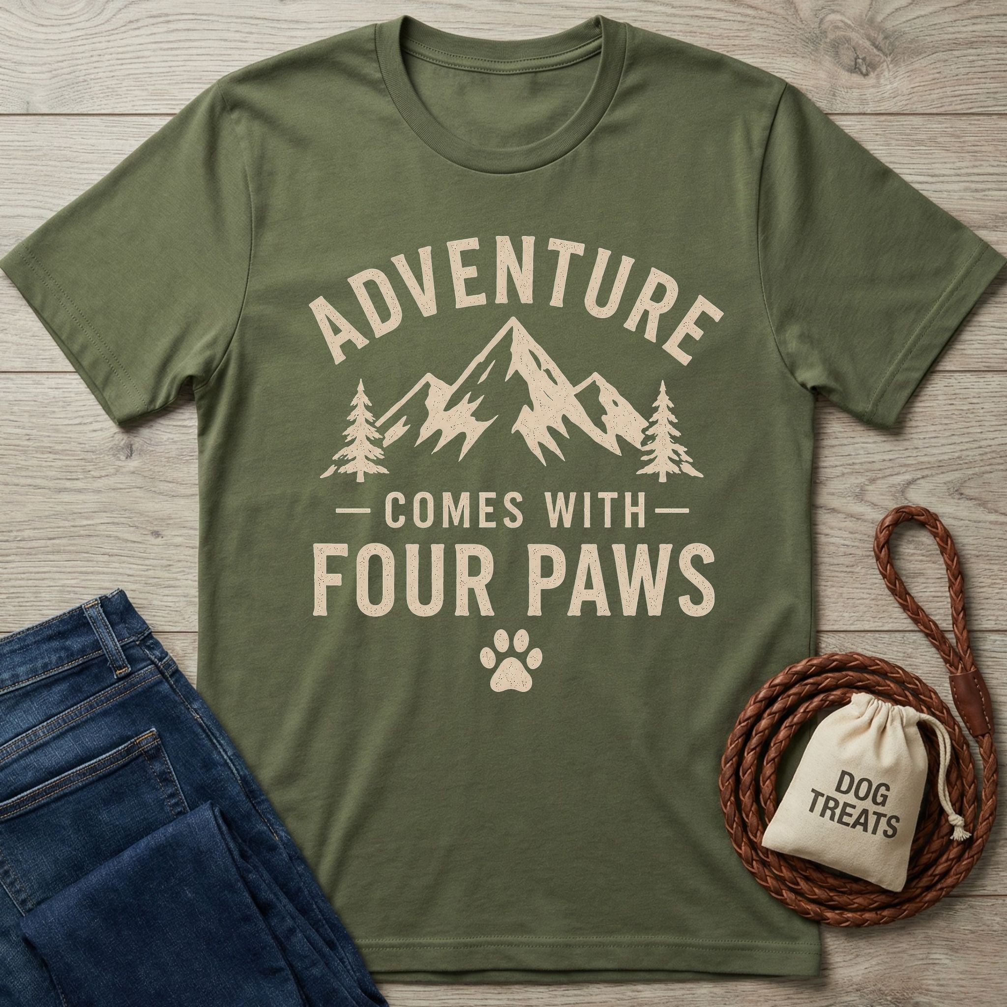Olive green "Adventure Comes With Four Paws" t-shirt with mountain graphic, next to jeans and dog treats bag.