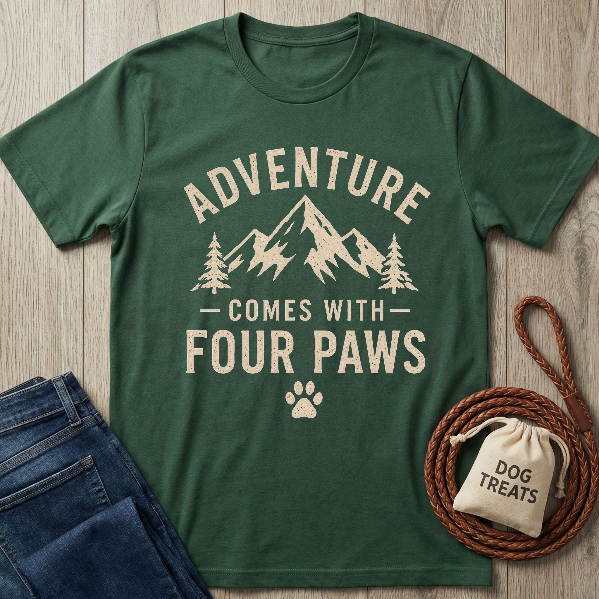 Forest green "Adventure Comes With Four Paws" T-shirt with mountain and tree graphic, beside jeans and dog treats.