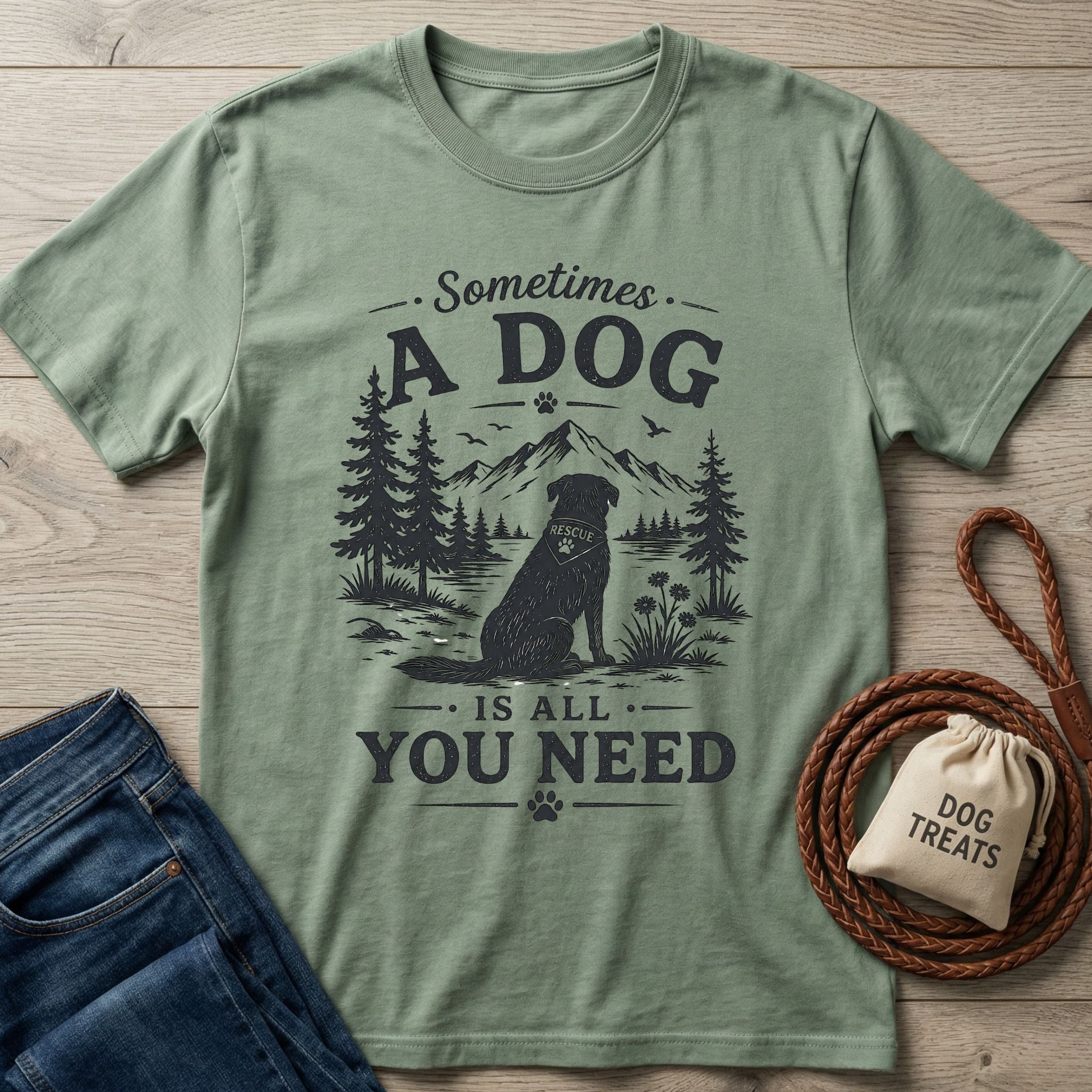 Sage green Gildan Softstyle® t-shirt with "Sometimes a dog is all you need" graphic featuring a rescue dog.
