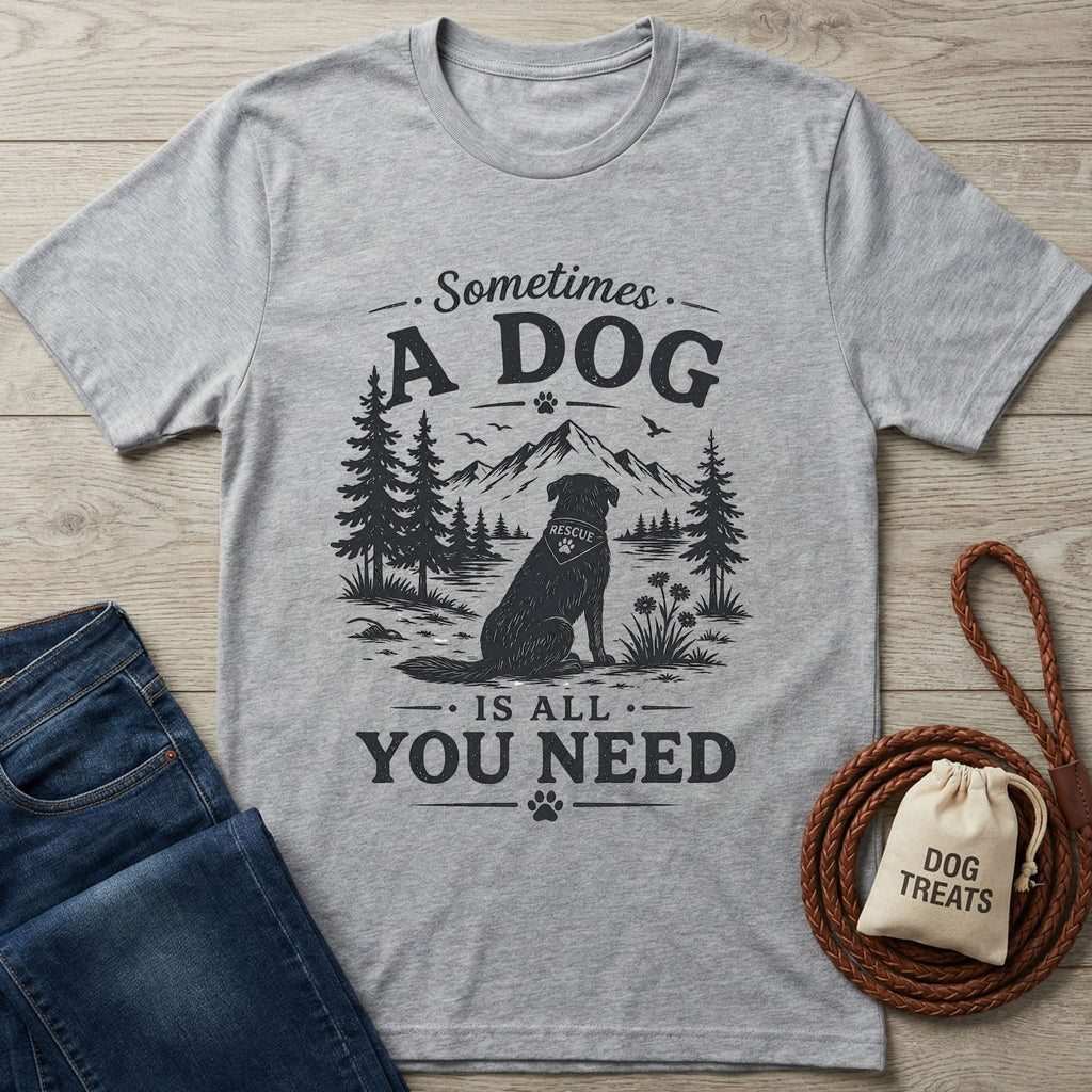 Light grey Gildan Softstyle® t-shirt with "Sometimes A Dog Is All You Need" graphic featuring a rescue dog in a mountain landscape.