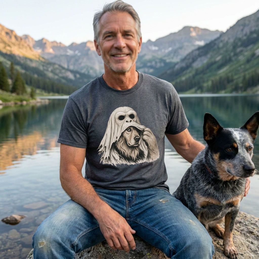 Man wearing a charcoal grey t-shirt featuring a graphic of a dog pulling off an ape mask, sitting by a mountain lake.