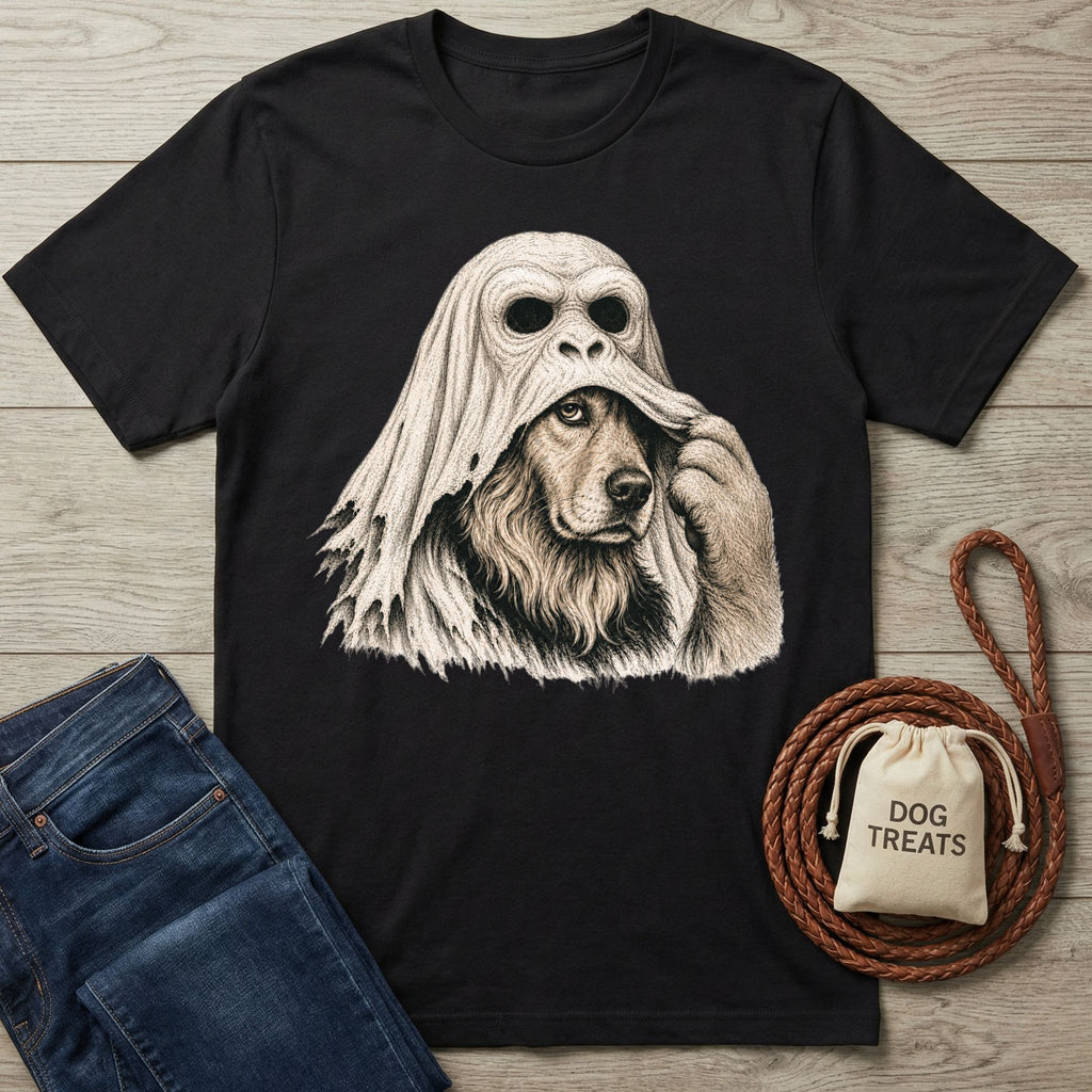 Black cotton t-shirt featuring a dog pulling off an ape mask, with a dog treat bag and leash on a wooden background.
