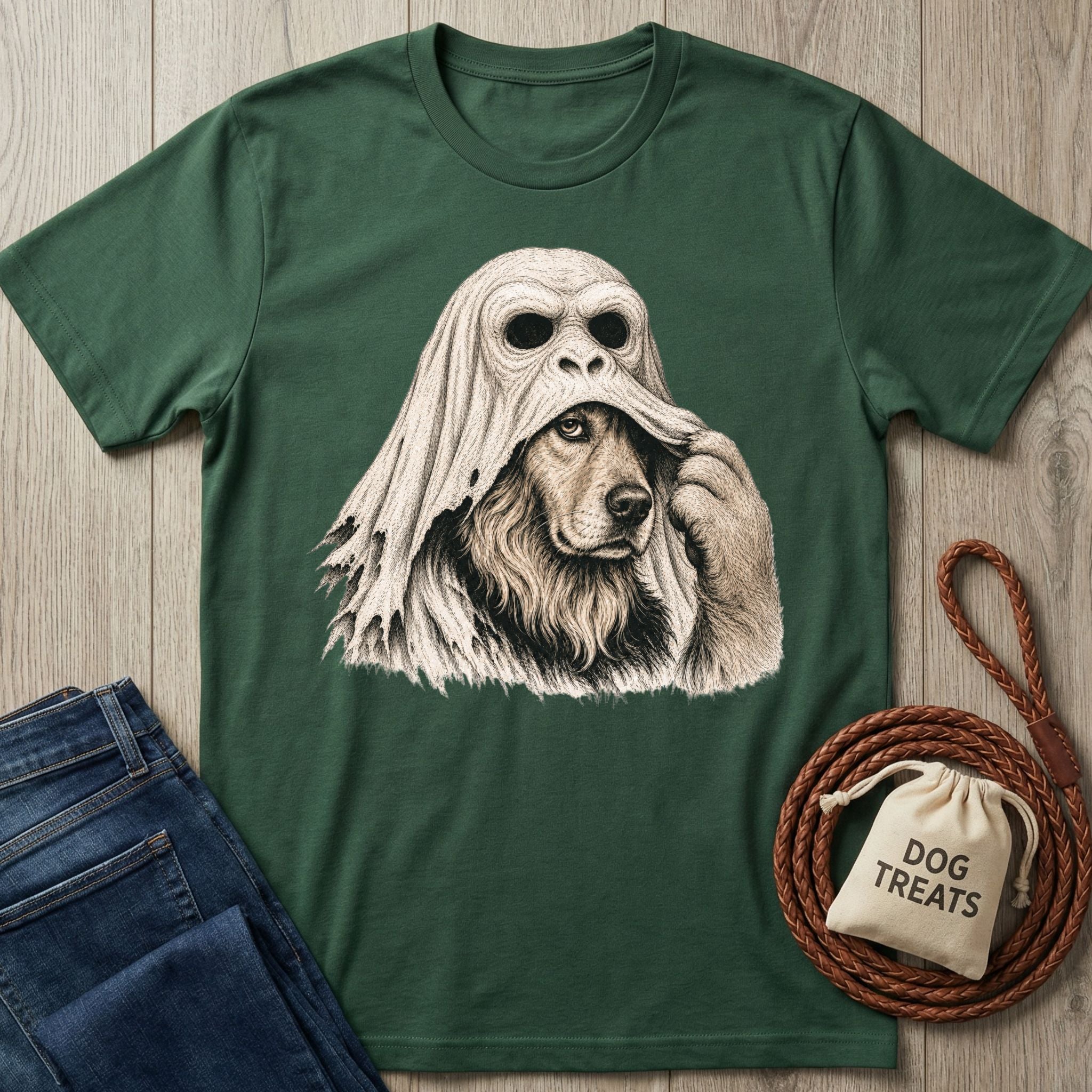Forest green cotton t-shirt featuring a dog wearing a spooky ape mask being pulled off its face.