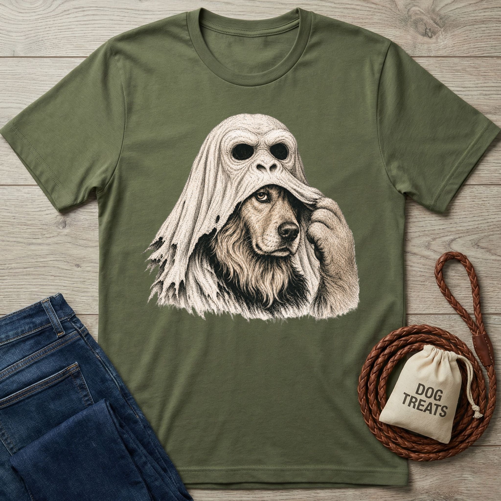 Olive green crewneck t-shirt featuring a detailed illustration of a dog pulling off an ape mask, set on a wooden background.