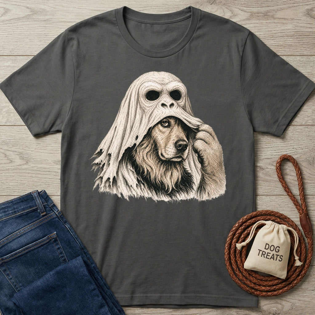 Charcoal gray crewneck t-shirt featuring a detailed illustration of a dog pulling off an ape mask.