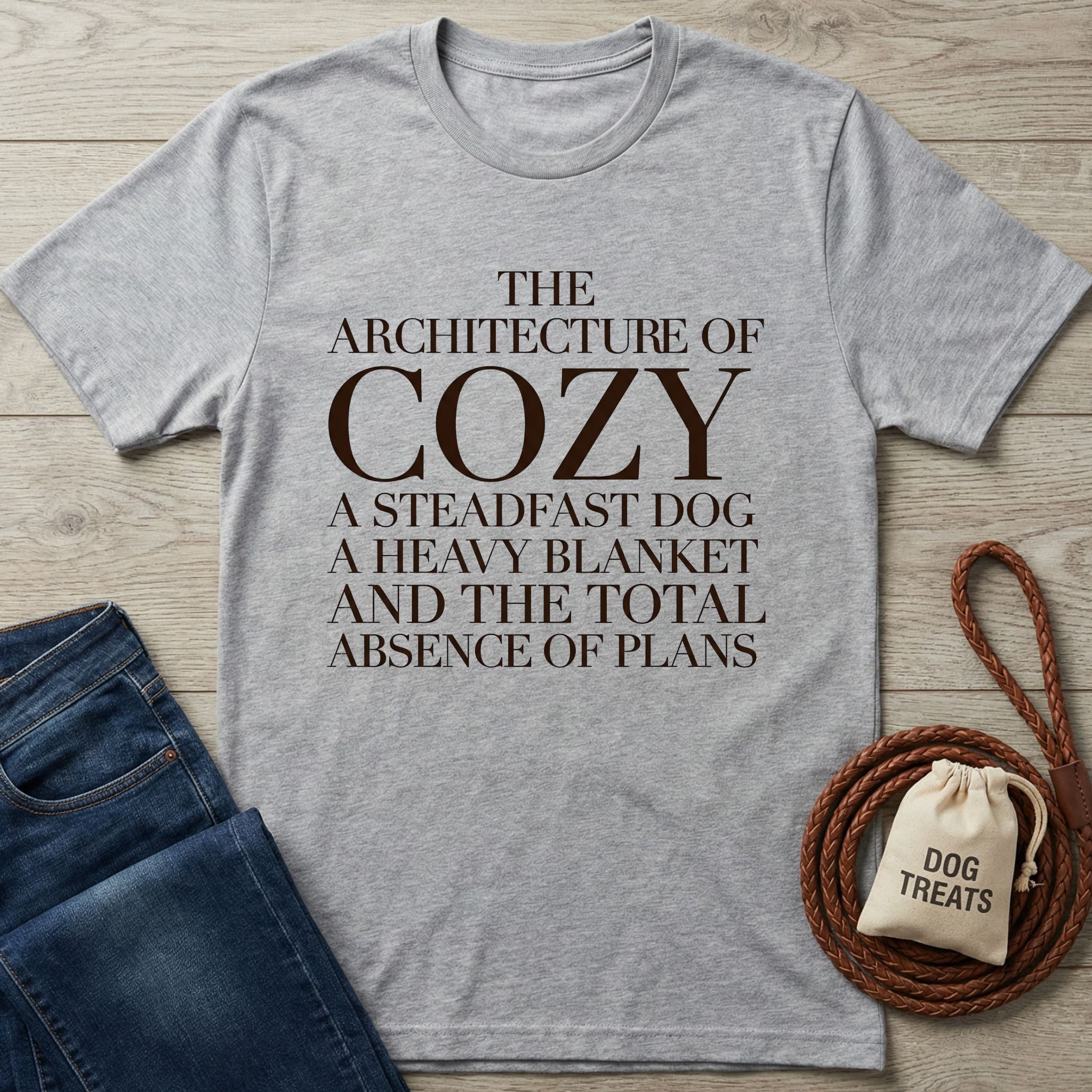 Light grey Gildan Softstyle® t-shirt with "The Architecture of Cozy" dog-themed text, paired with jeans and treats.