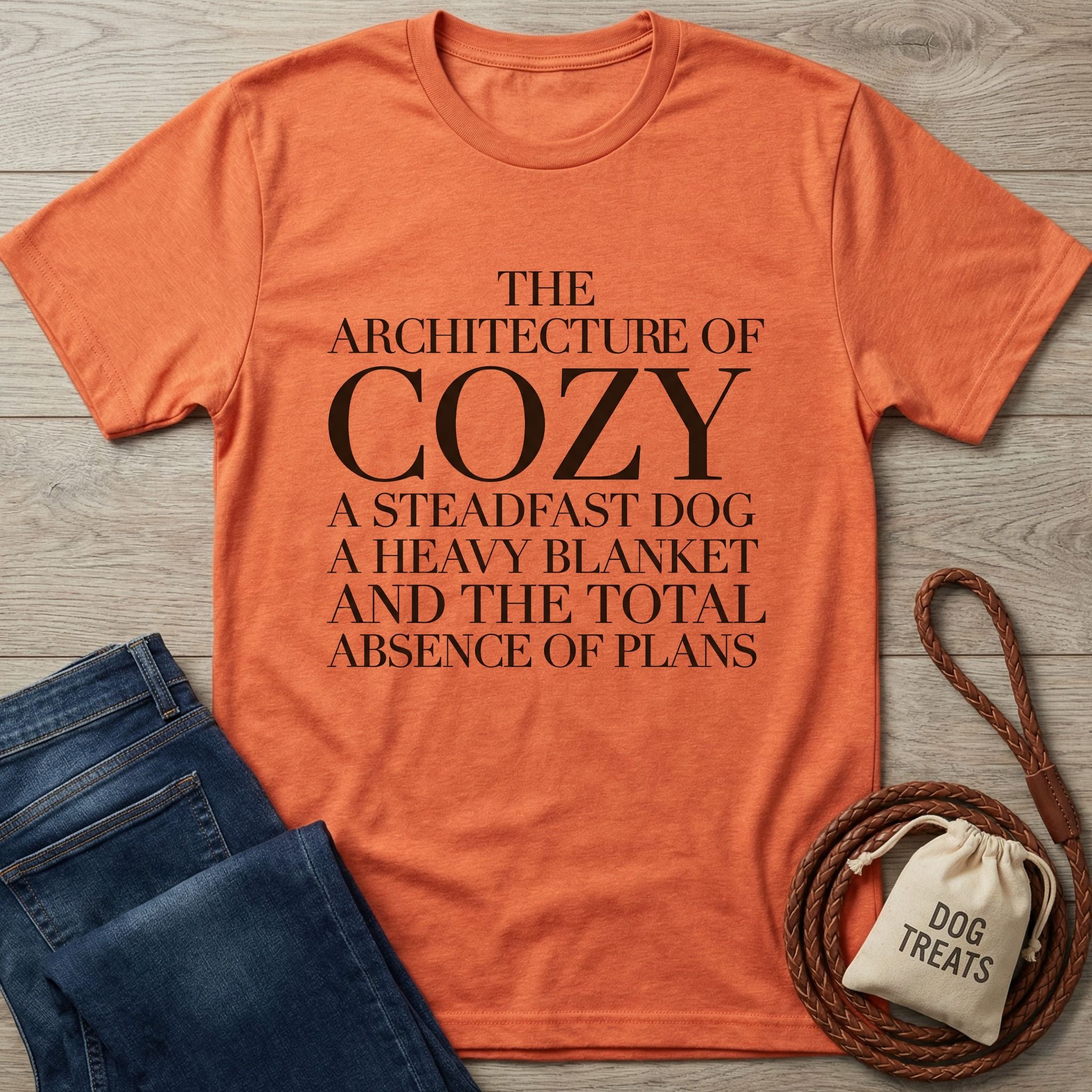 Orange Gildan Softstyle t-shirt with "The Architecture of Cozy" text, next to jeans, a leash, and dog treats.