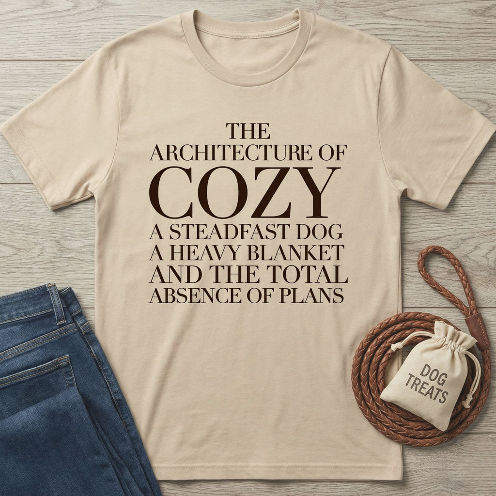 Beige Gildan Softstyle® t-shirt with "The Architecture of Cozy" text, next to jeans and dog treats.