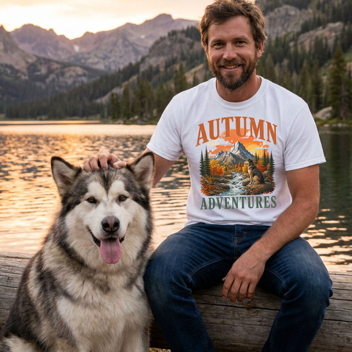 Man wearing a white graphic t-shirt featuring a mountain, forest, and dog design, sitting by a lake with his dog.