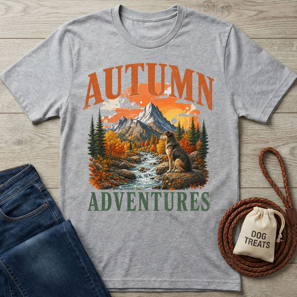 Grey crewneck t-shirt featuring a mountain, river, and dog graphic with the text Autumn Adventures.