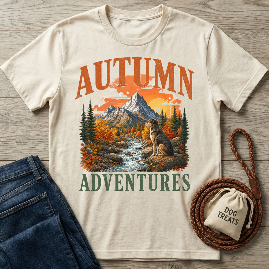 Cream-colored crewneck t-shirt featuring a dog, mountain, and forest graphic with Autumn Adventures text.