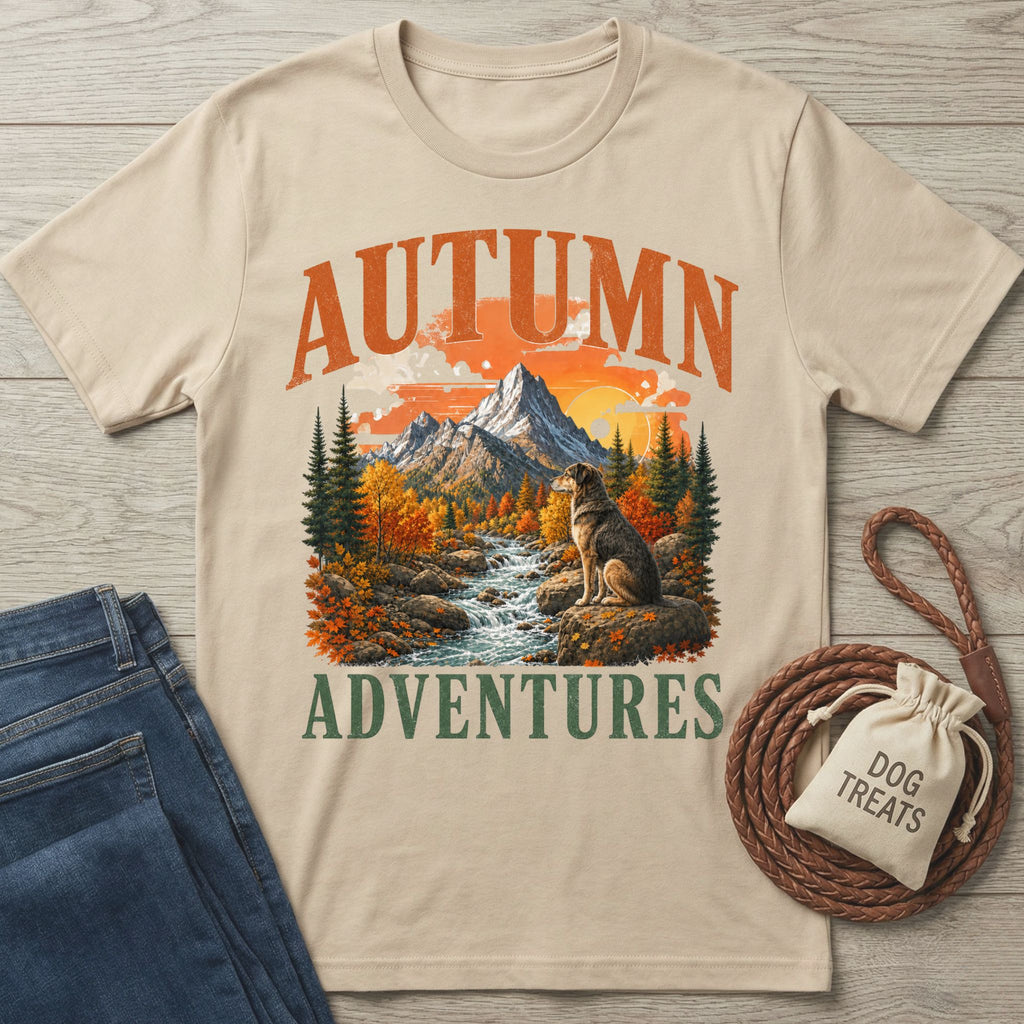 Beige crewneck t-shirt featuring a mountain, river, and dog graphic with Autumn Adventures text.