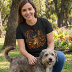 Woman wearing a black crewneck t-shirt featuring a Golden Retriever walking on a leaf-covered autumn forest trail.
