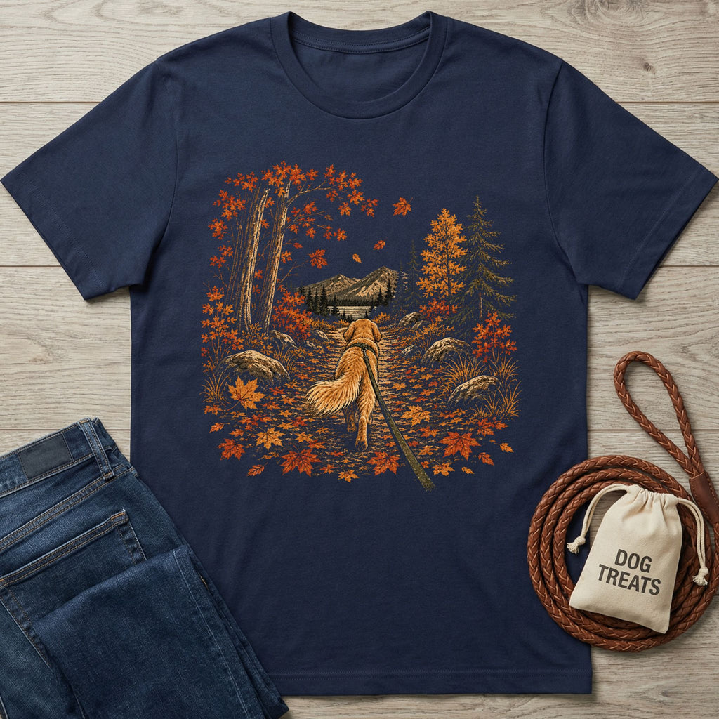 Navy blue cotton t-shirt featuring a Golden Retriever walking on a forest trail covered in vibrant autumn leaves.