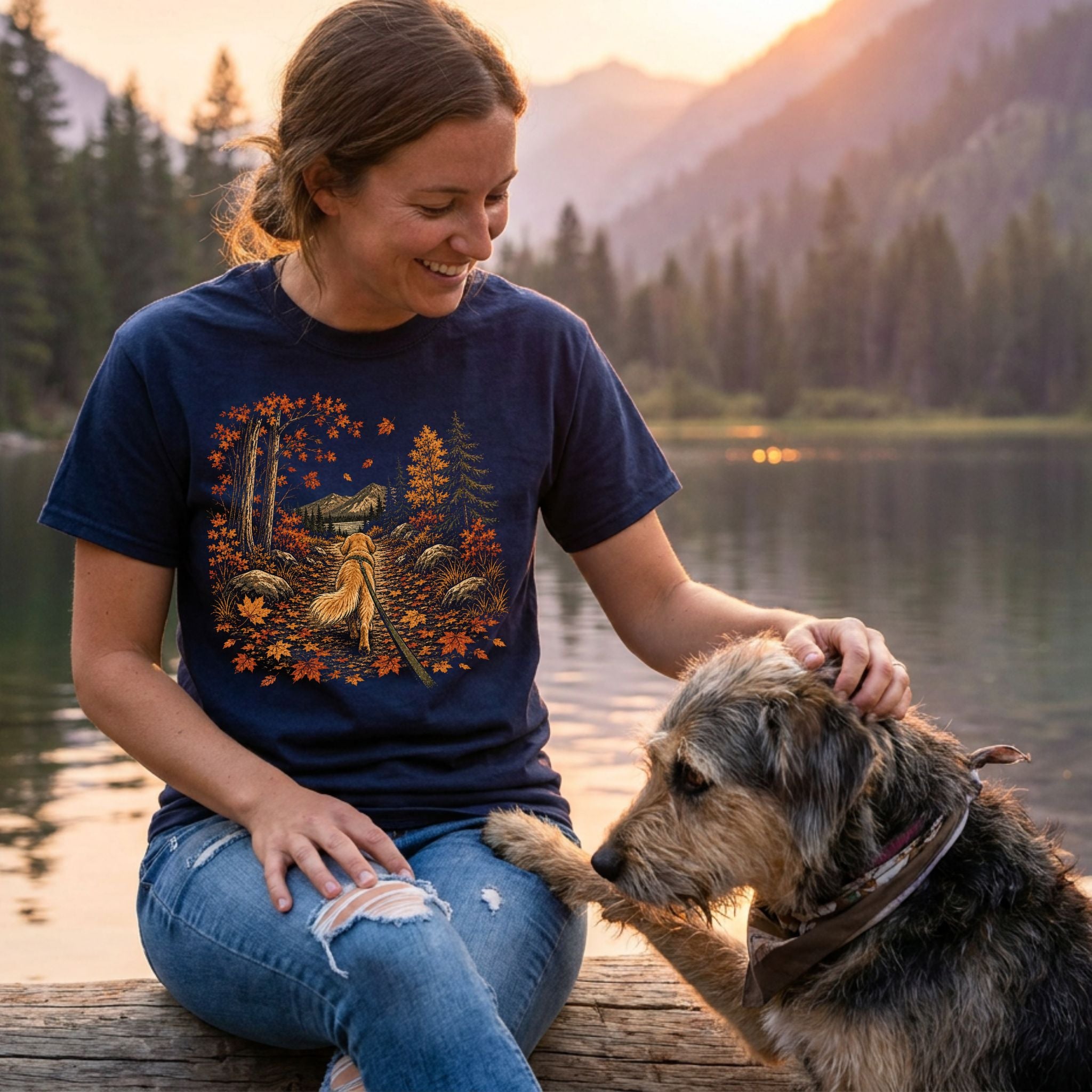 Woman wearing a navy blue T-shirt featuring a Golden Retriever walking through an autumn forest, sitting by a lake.
