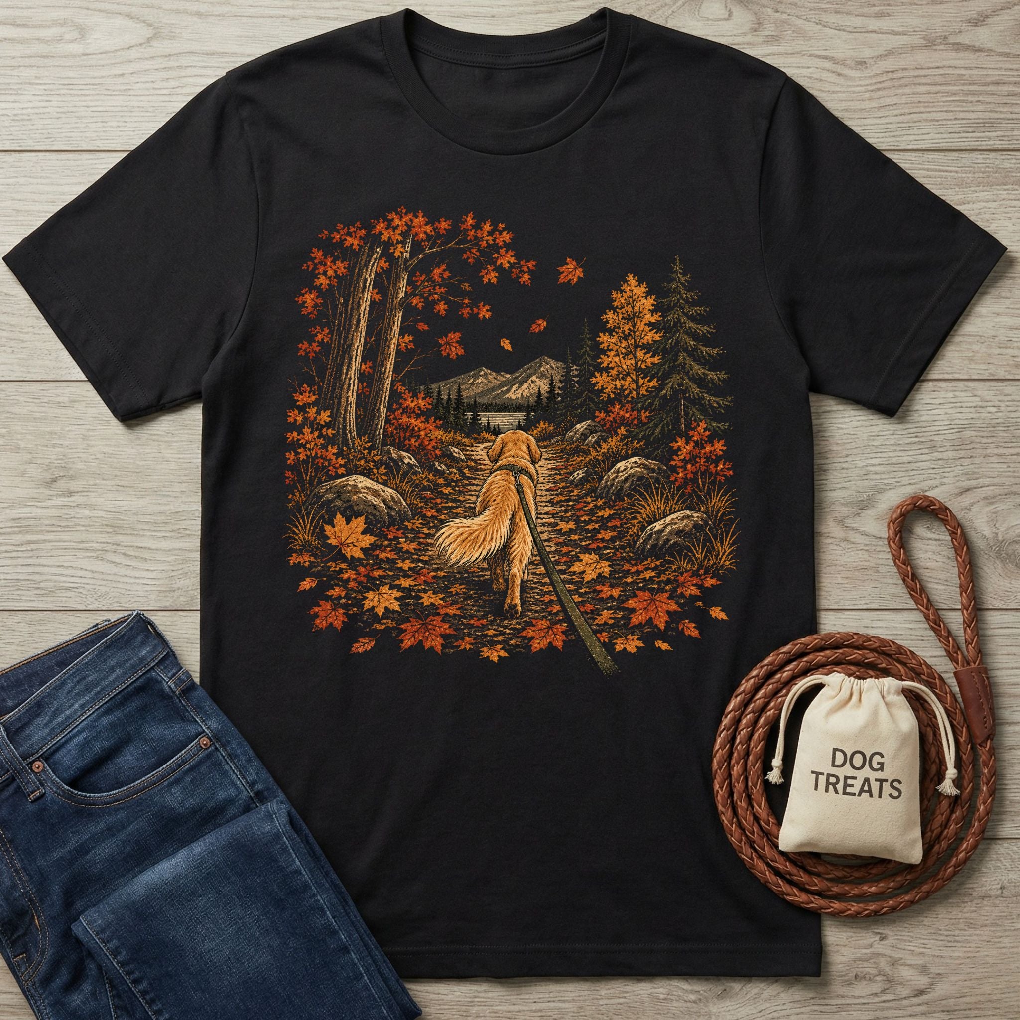 Black crewneck t-shirt featuring a Golden Retriever walking on a leaf-covered forest trail with mountains in the background.