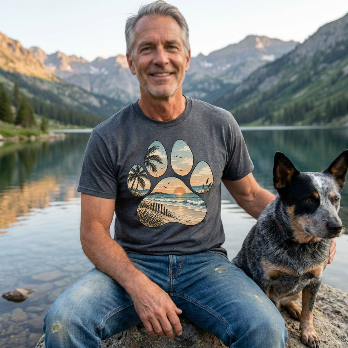 Man wearing a grey t-shirt with a beach sunset and palm tree paw print design while sitting by a lake with his dog.