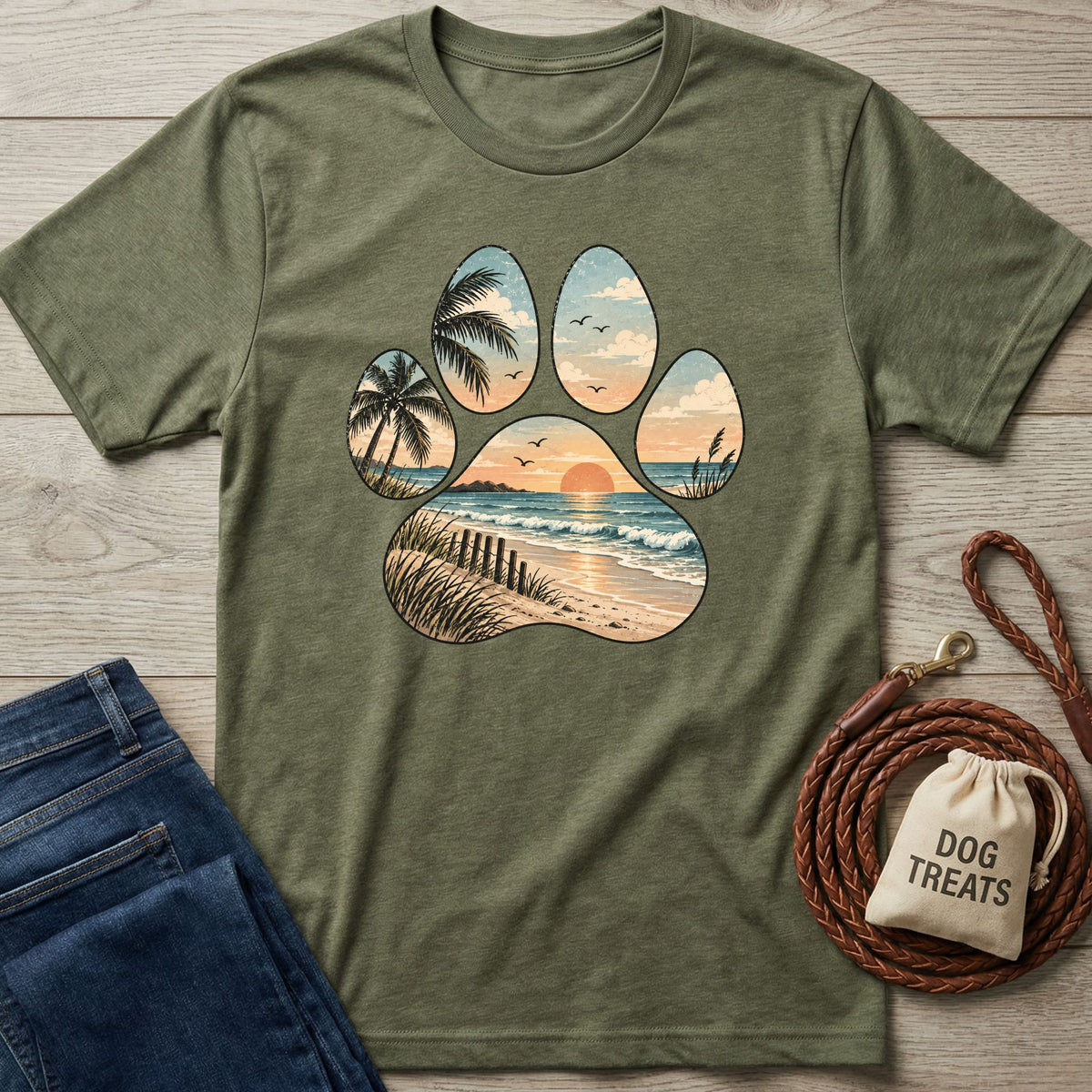 Olive green t-shirt featuring a paw print graphic with a sunset beach, ocean waves, and palm trees.