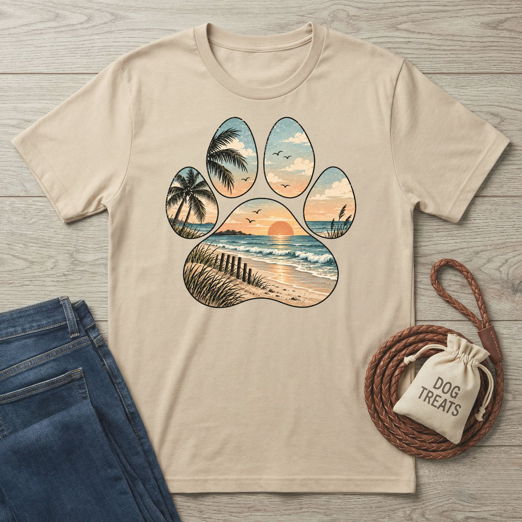 Beige crewneck t-shirt featuring a paw print graphic with a sunset beach, palm trees, and ocean waves design.