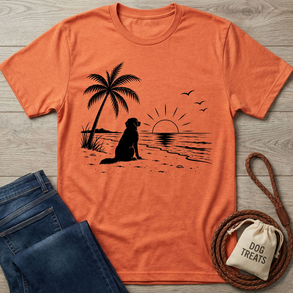 Burnt orange crewneck t-shirt featuring a black graphic of a dog sitting on a beach under a palm tree at sunset.