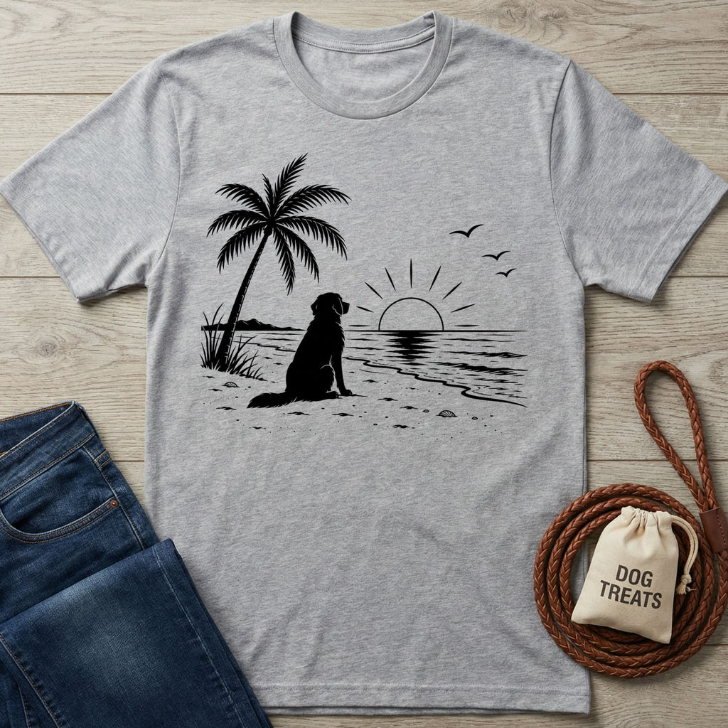 Grey crewneck t-shirt featuring a black graphic of a dog sitting on a beach under a palm tree at sunset.