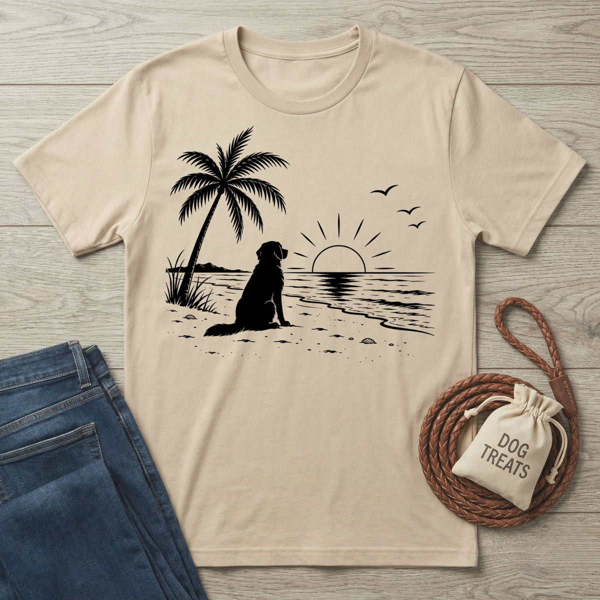 Beige crewneck t-shirt featuring a black graphic of a dog sitting on a beach under a palm tree at sunset.
