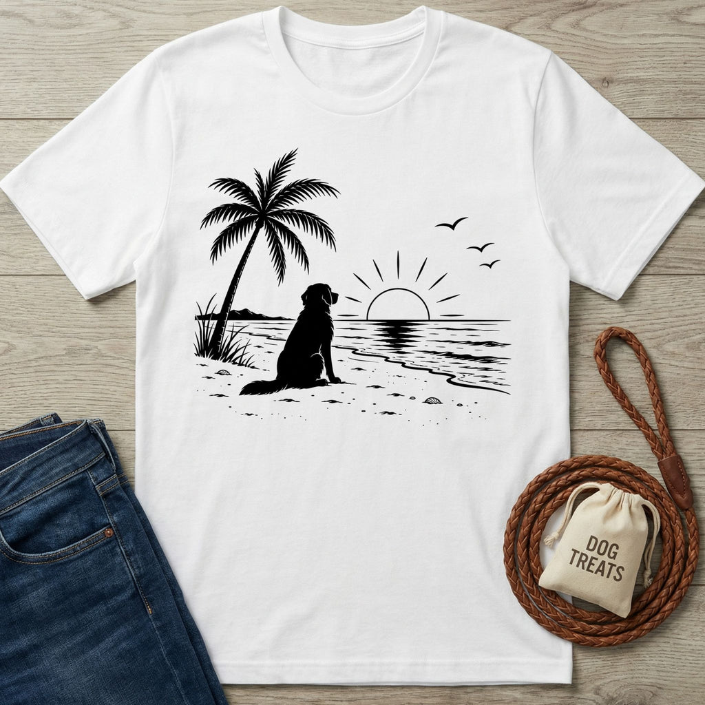 White crew neck t-shirt featuring a black graphic of a dog sitting on a beach under a palm tree at sunset.