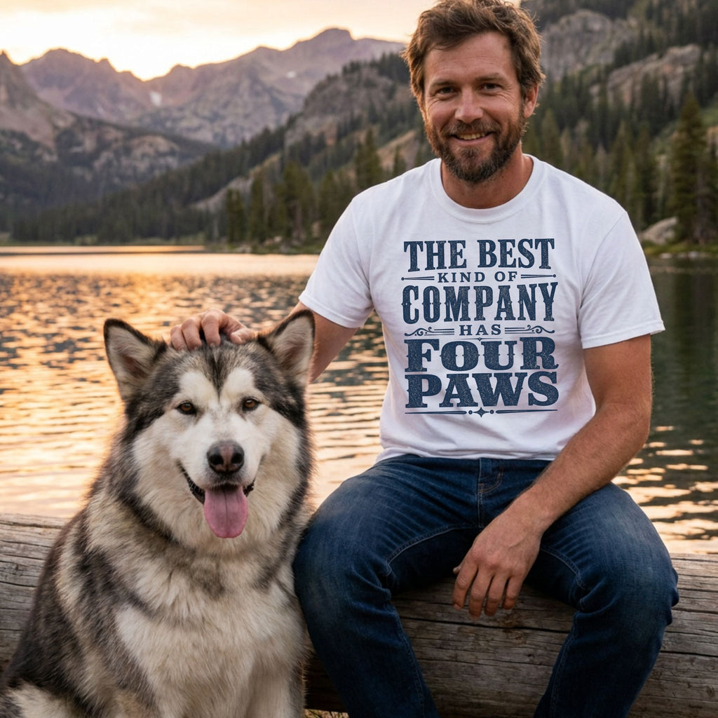 Man wearing a white vintage-style t-shirt with blue text reading The Best Kind Of Company Has Four Paws beside his dog.