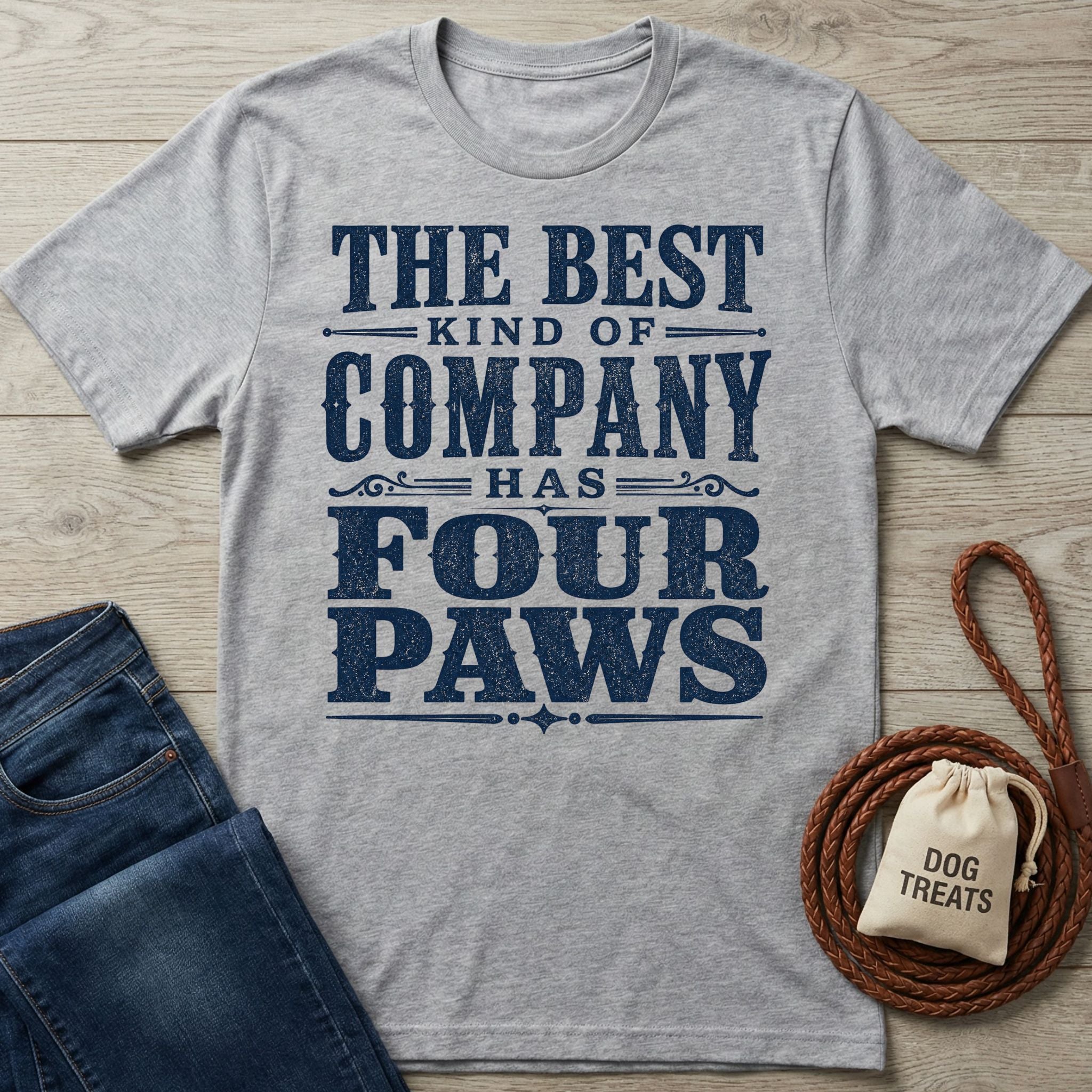 Grey vintage-style t-shirt with navy blue text reading The Best Kind of Company Has Four Paws on a wooden background.