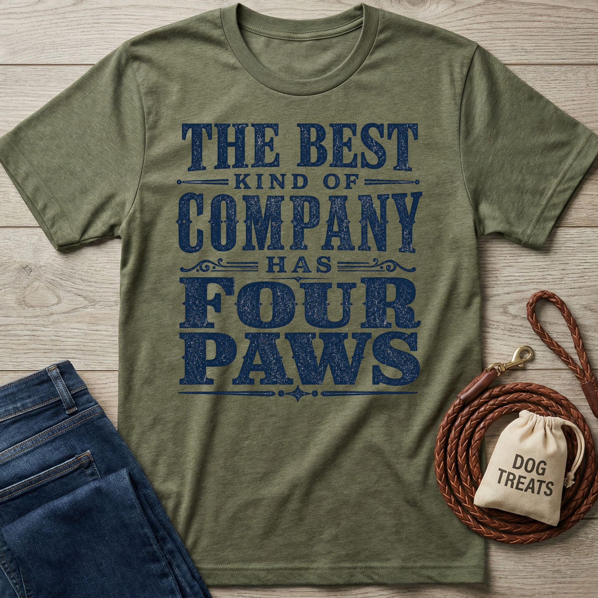 Olive green vintage-style t-shirt with navy blue text reading The Best Kind of Company Has Four Paws on a wooden surface.
