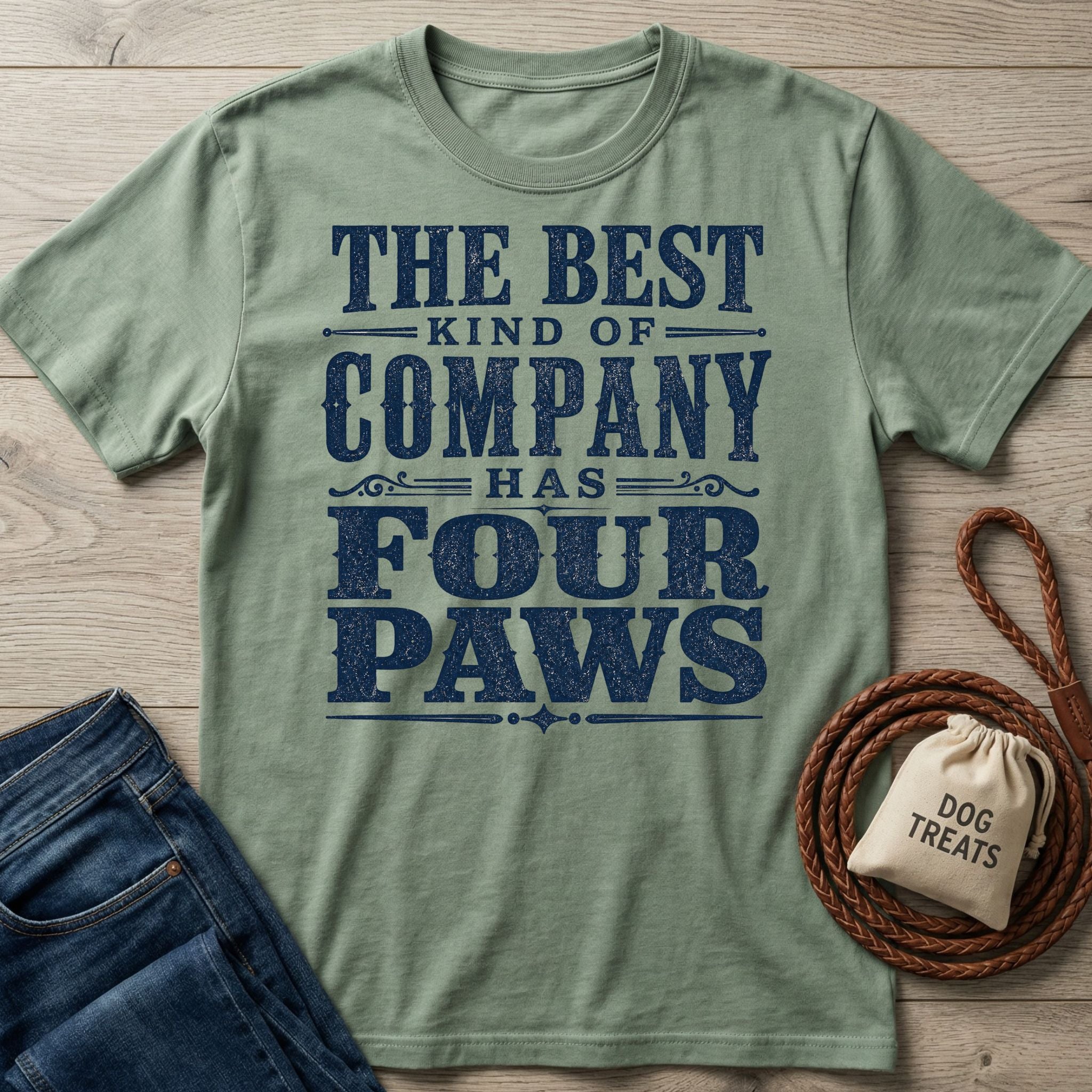 Sage green cotton t-shirt with vintage navy text reading The Best Kind Of Company Has Four Paws, laid on a wooden surface.
