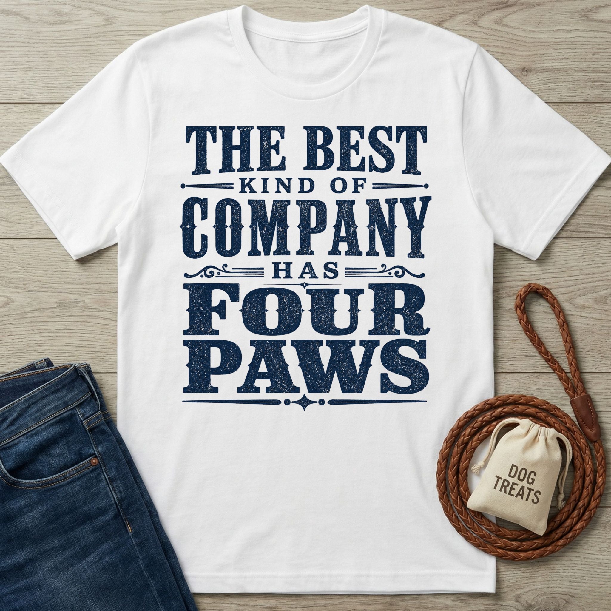 White vintage-style t-shirt featuring navy blue text that reads The Best Kind of Company Has Four Paws.