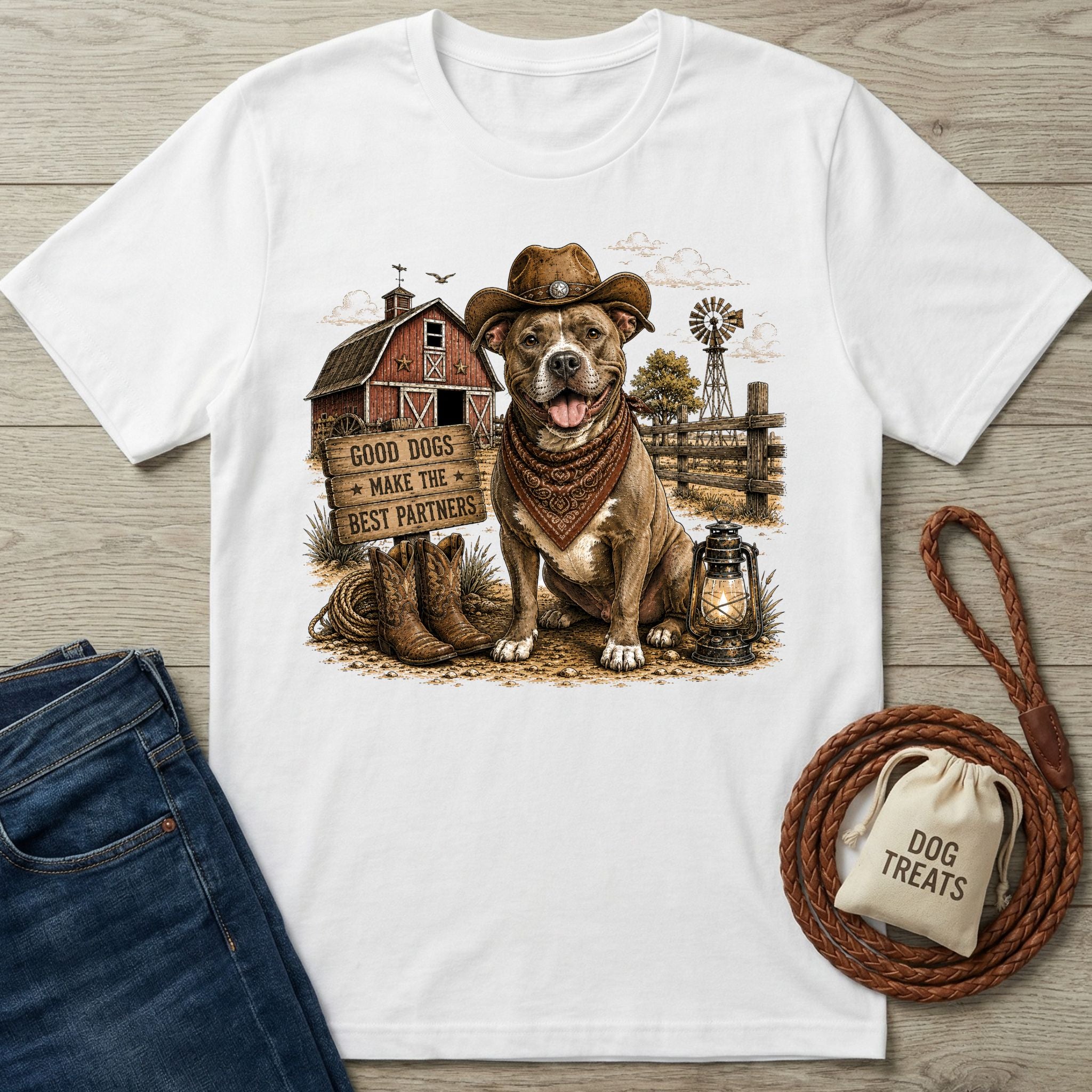 White crew neck t-shirt featuring a western-style graphic of a dog in a cowboy hat and bandana in front of a rustic barn.