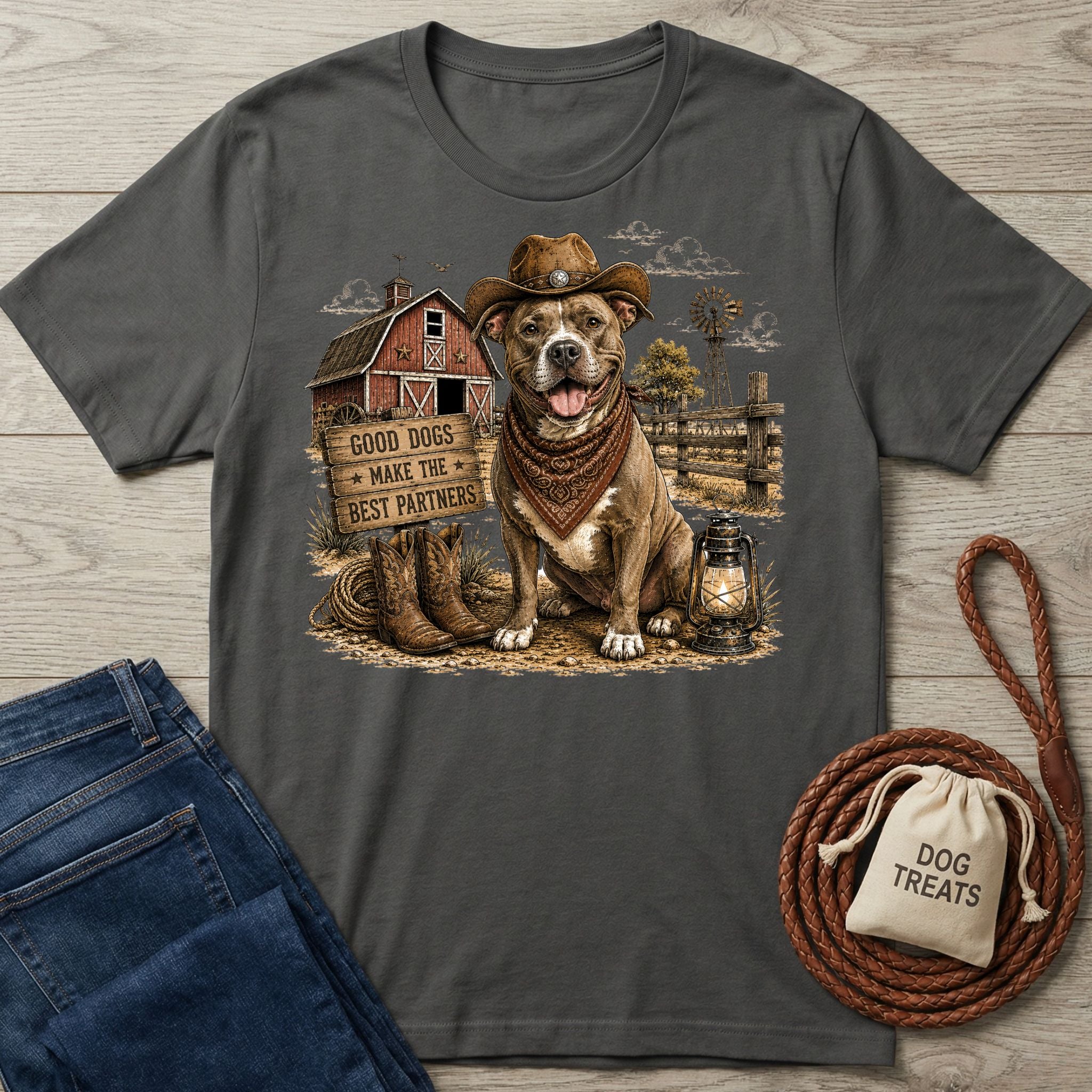 Charcoal grey cotton t-shirt featuring a western-style graphic of a dog in a cowboy hat and bandana in front of a barn.