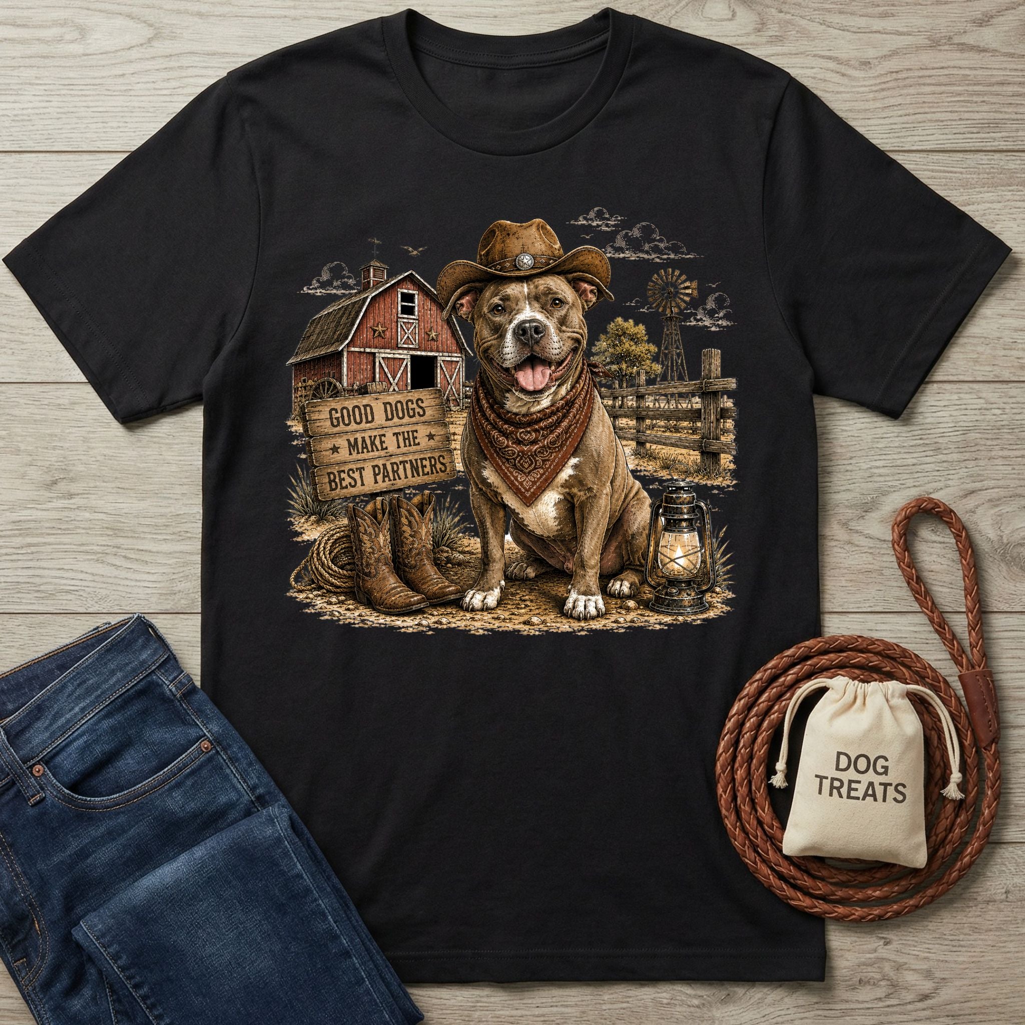 Black crewneck t-shirt featuring a pit bull in a cowboy hat and bandana, standing before a rustic barn and windmill.