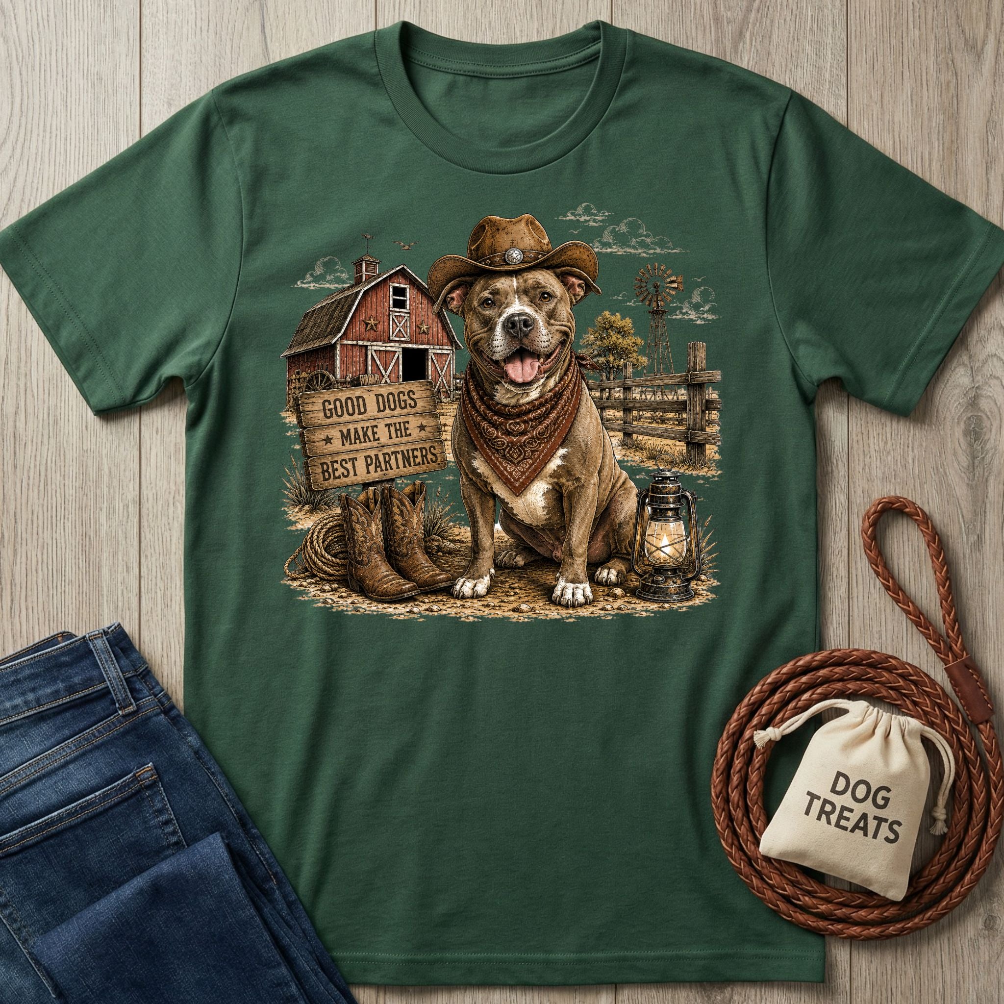 Forest green crewneck t-shirt featuring a western-style graphic of a dog in a cowboy hat and bandana by a rustic barn.