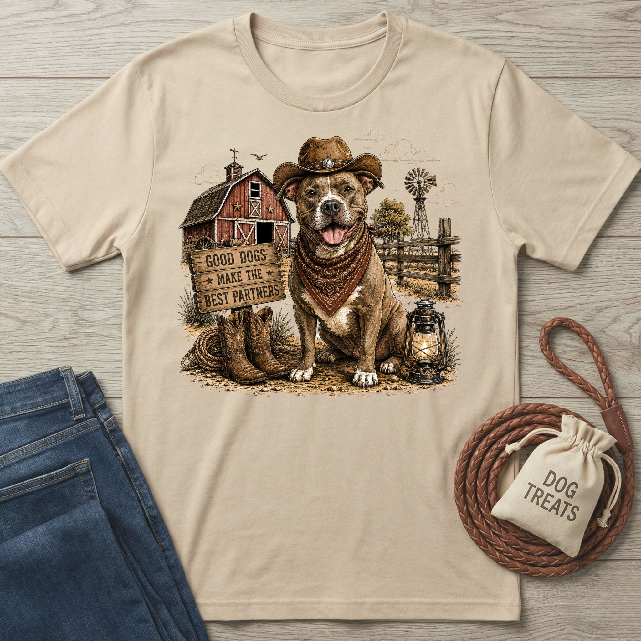 Beige cotton t-shirt featuring a pit bull in a cowboy hat and bandana with a rustic barn, boots, and lantern graphic.