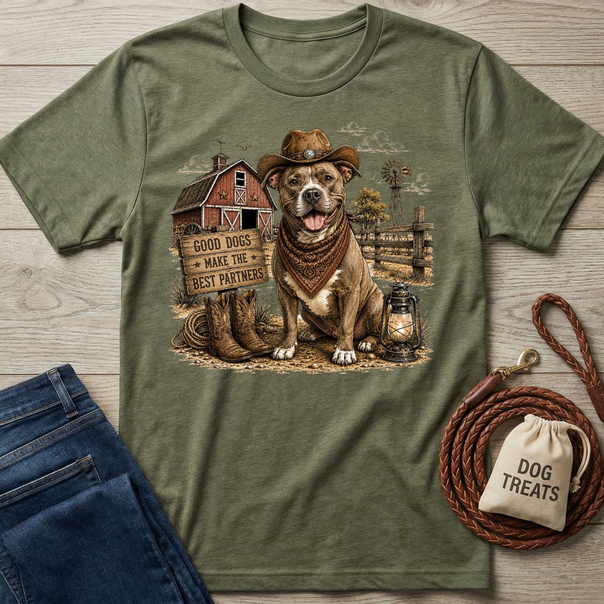 Olive green crewneck t-shirt featuring a pit bull in a cowboy hat and bandana, barn scene, and western-style text graphic.
