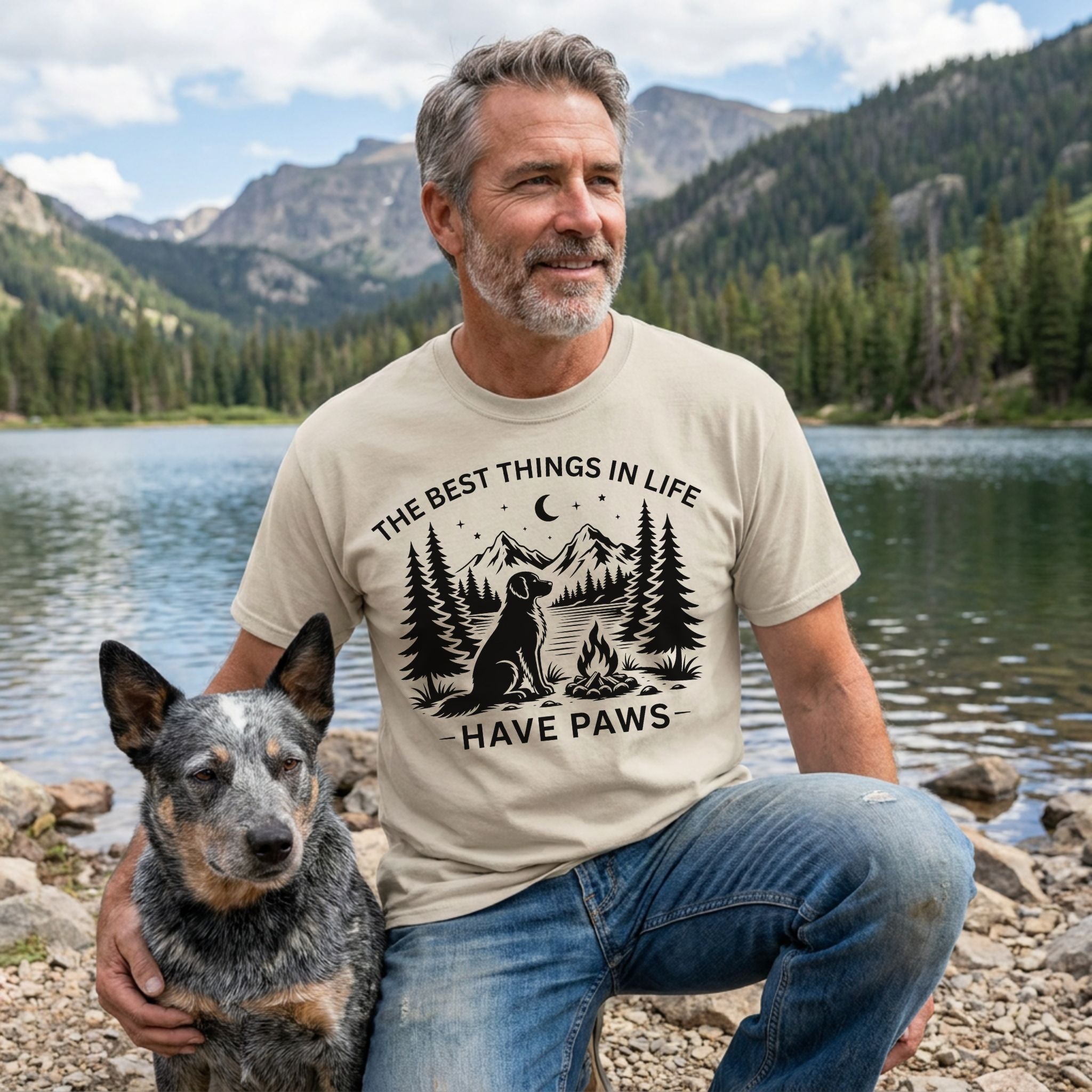 Beige crewneck t-shirt featuring a black graphic of a dog, campfire, and mountains with the text The Best Things In Life Have Paws.