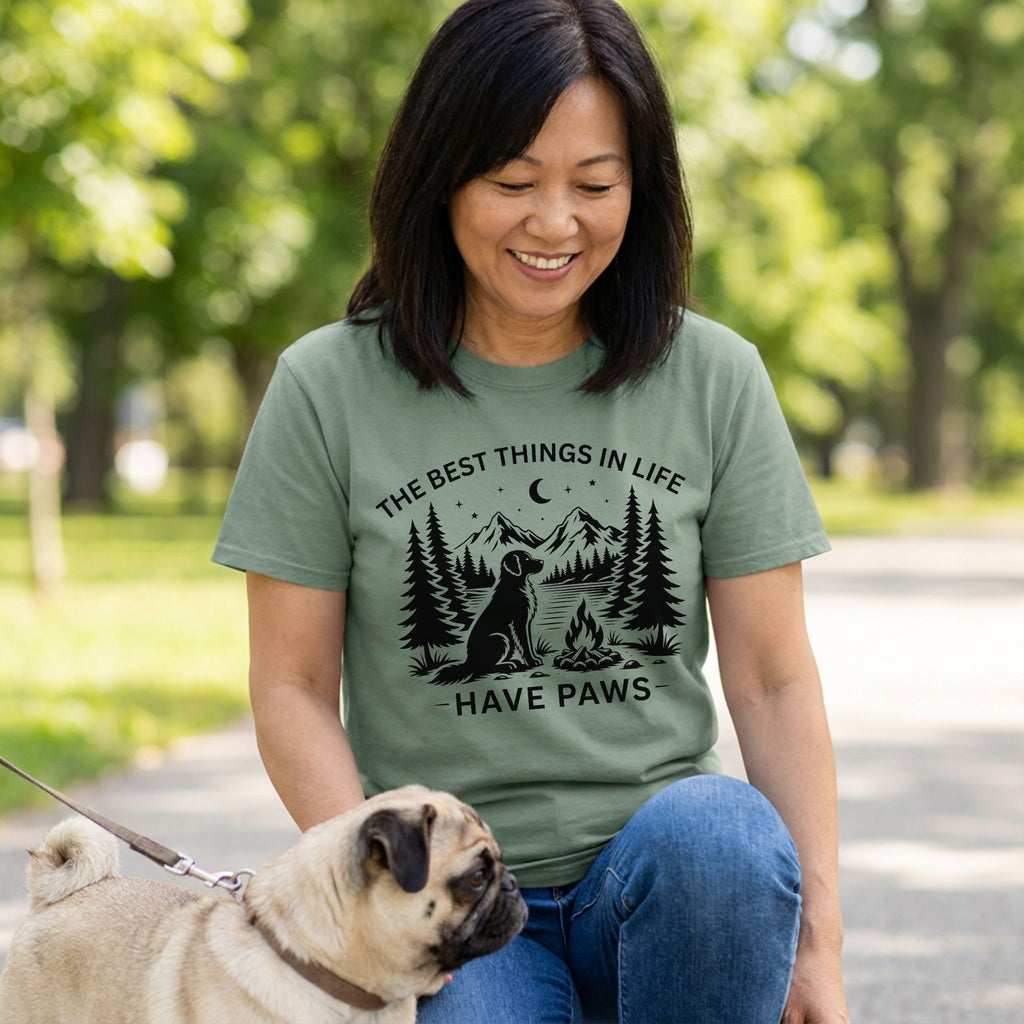 Woman wearing a sage green crewneck t-shirt with a black graphic of a dog, campfire, and mountains in an outdoor park setting.