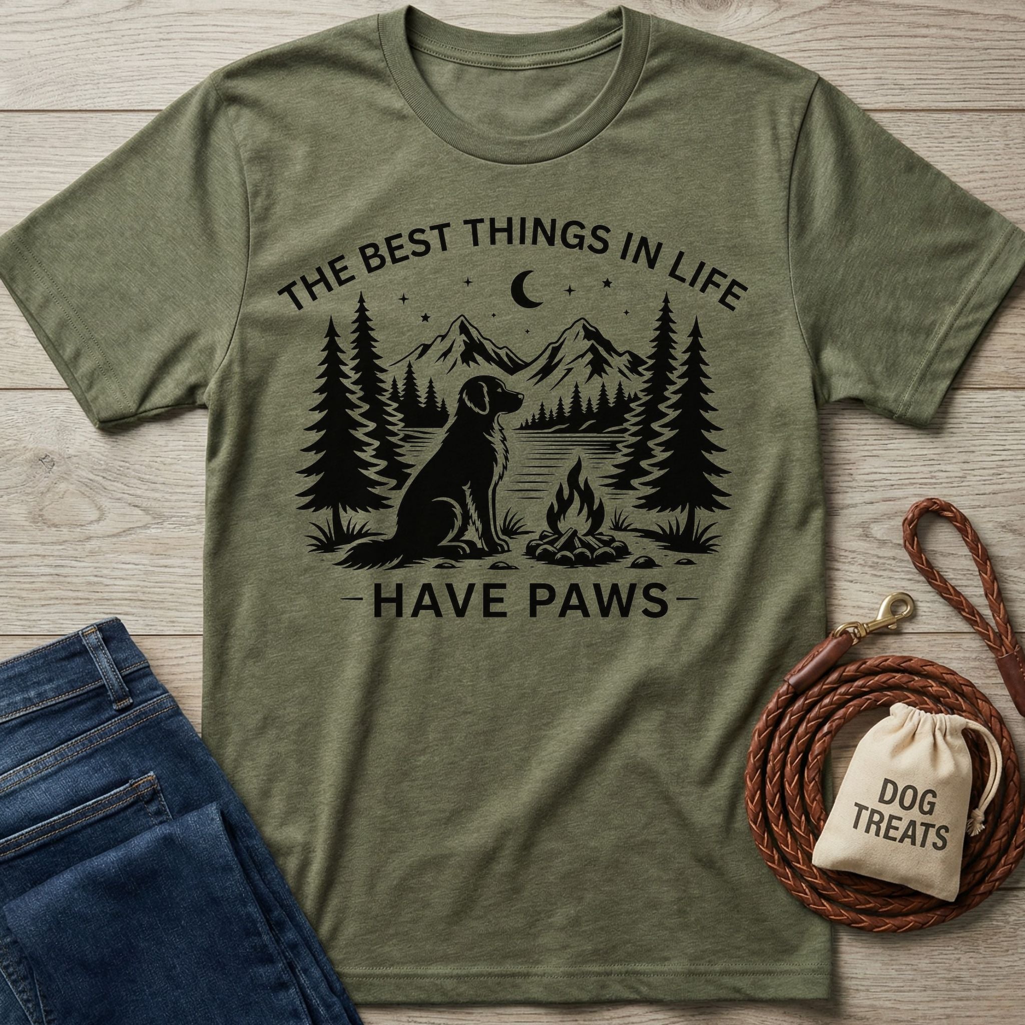 Olive green crewneck t-shirt featuring a black graphic of a dog, campfire, and mountains with the text The Best Things In Life Have Paws.